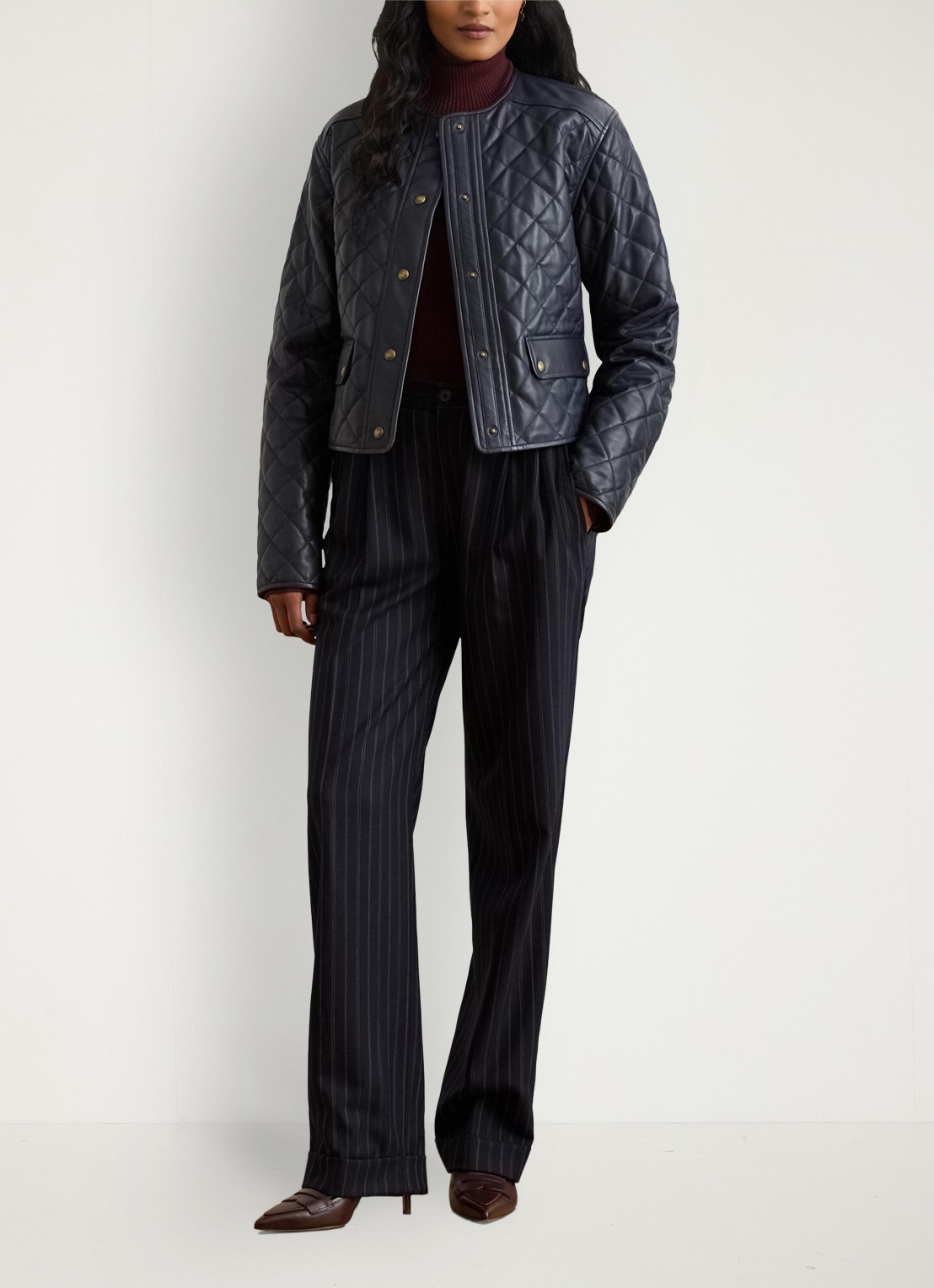 Ralph Lauren Pantalon in wolblend met streepprint en plooidetails - voorkant 2 donkerblauw