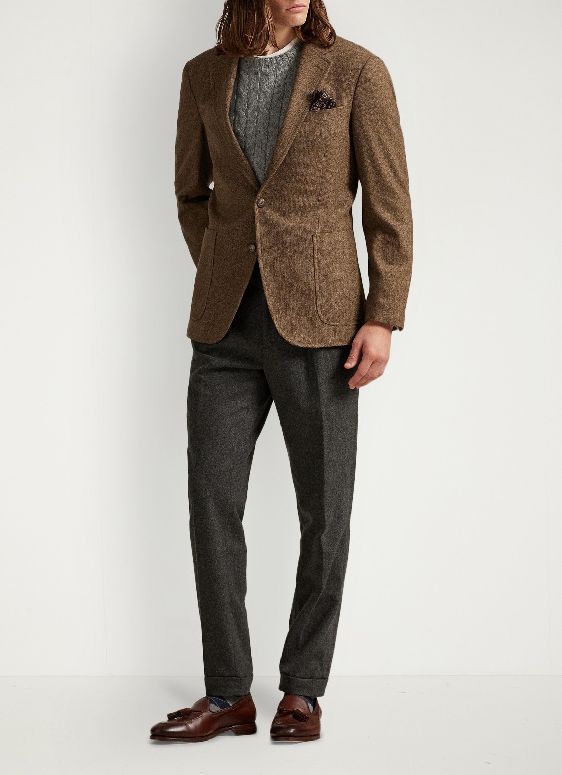 Ralph Lauren Polo modern fit colbert in wolblend met visgraatdessin - detail 3 brown/tan / bruin