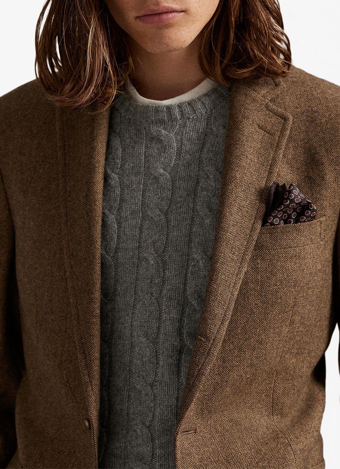 Ralph Lauren Polo modern fit colbert in wolblend met visgraatdessin - detail 4 brown/tan / bruin
