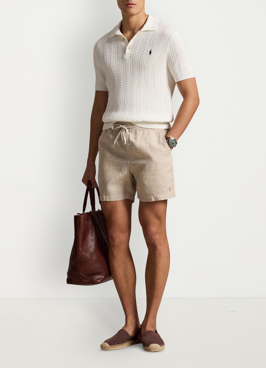 Ralph Lauren Polo Prepster straight fit korte broek van linnen - voorkant 3 coastal beige white / beige