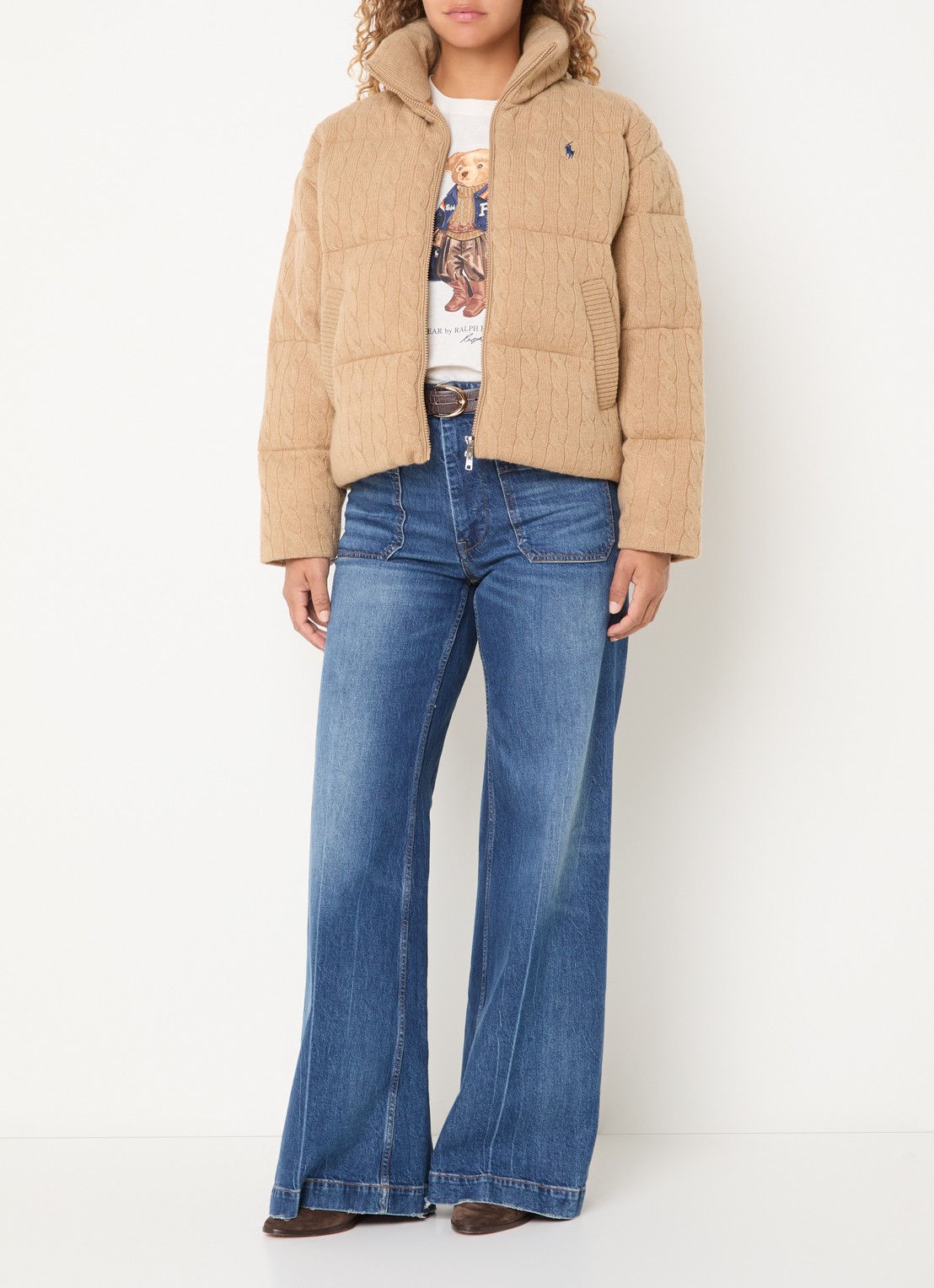 Ralph Lauren Puffer jack in wolblend met logoborduring - voorkant 3 camel