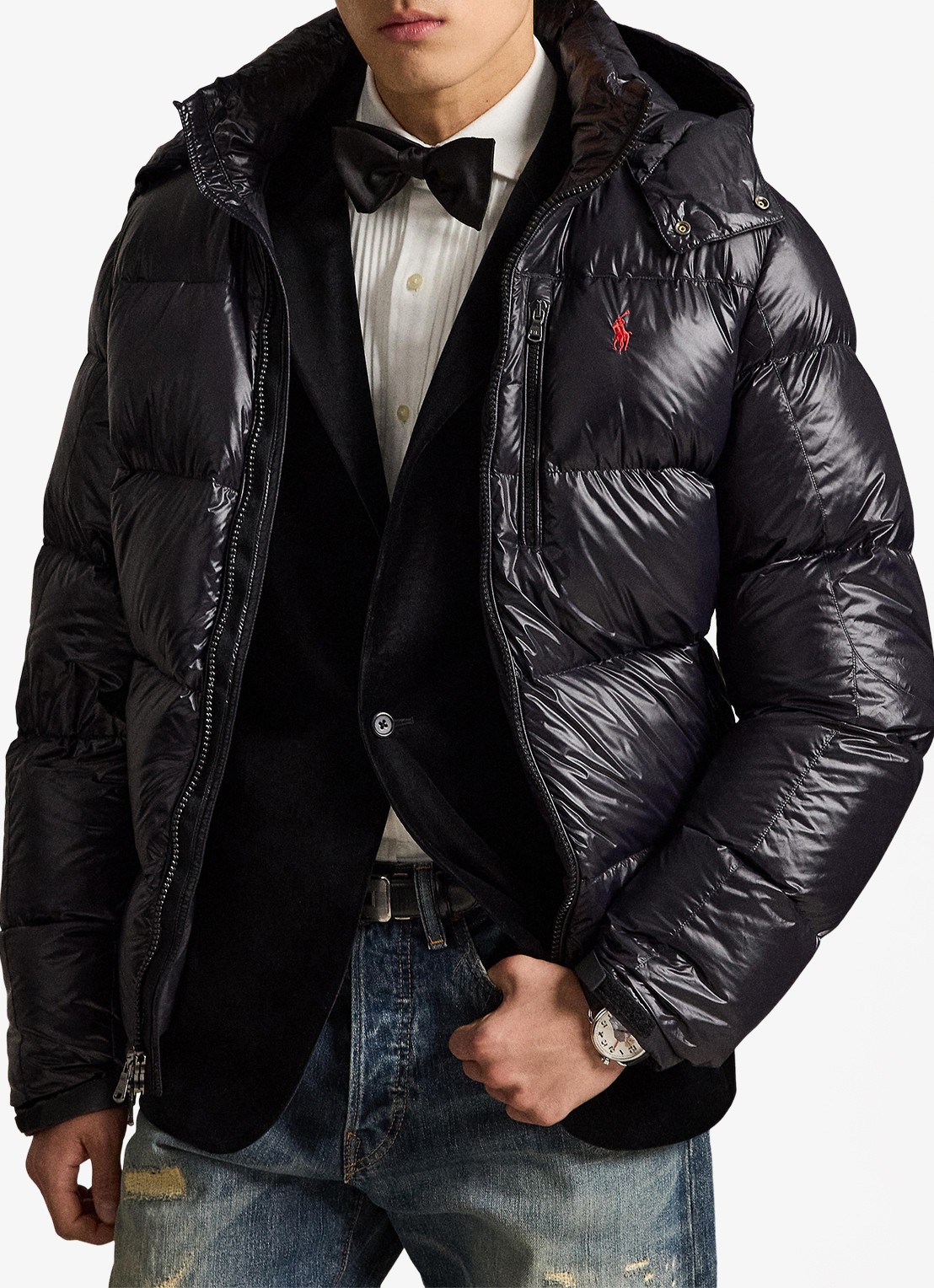 Ralph Lauren Puffer jack met donsvulling en capuchon - voorkant 5 polo black glossy / zwart