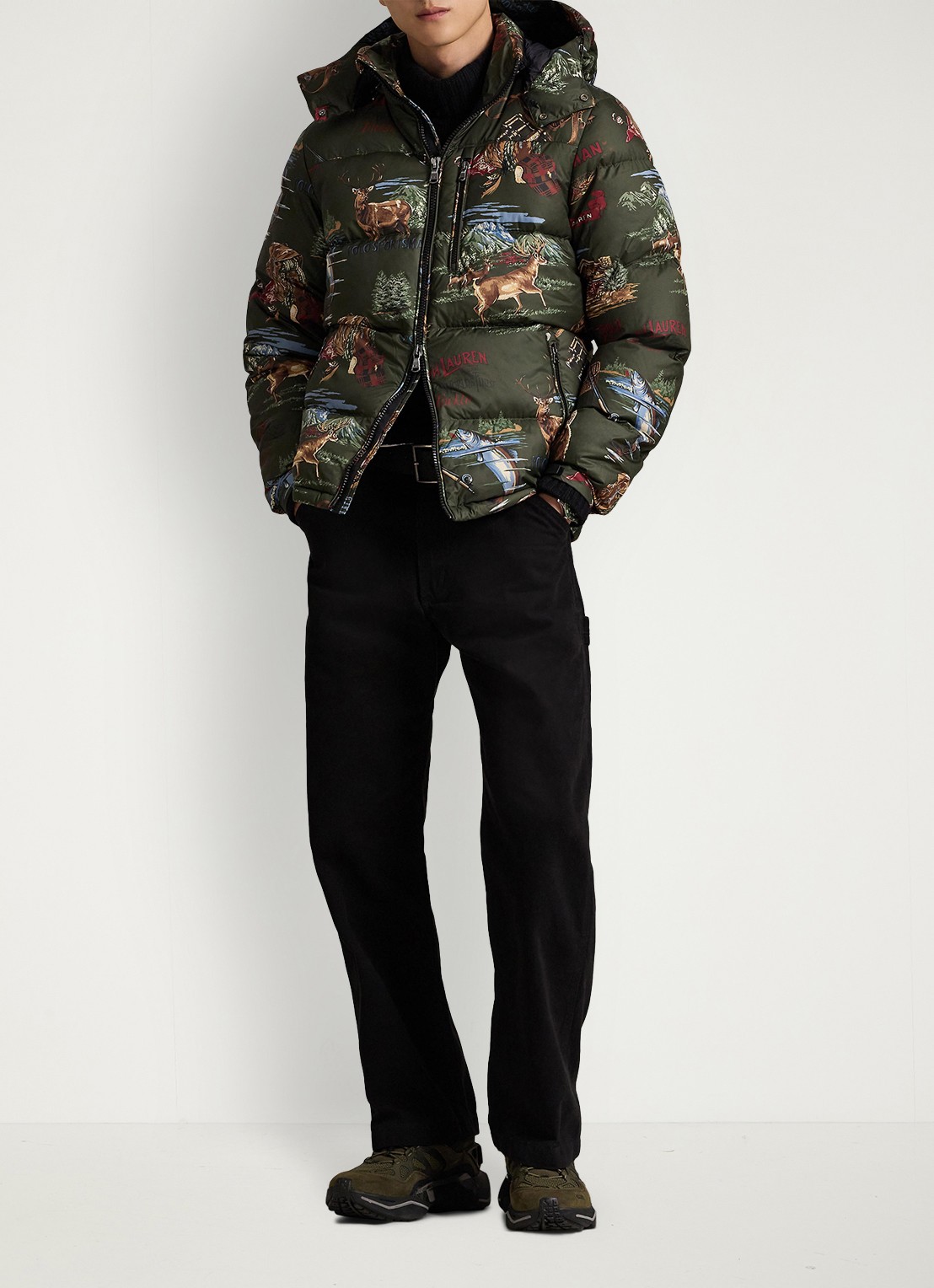 Ralph Lauren Puffer jack met print - voorkant 3 outdoorsman convo / legergroen