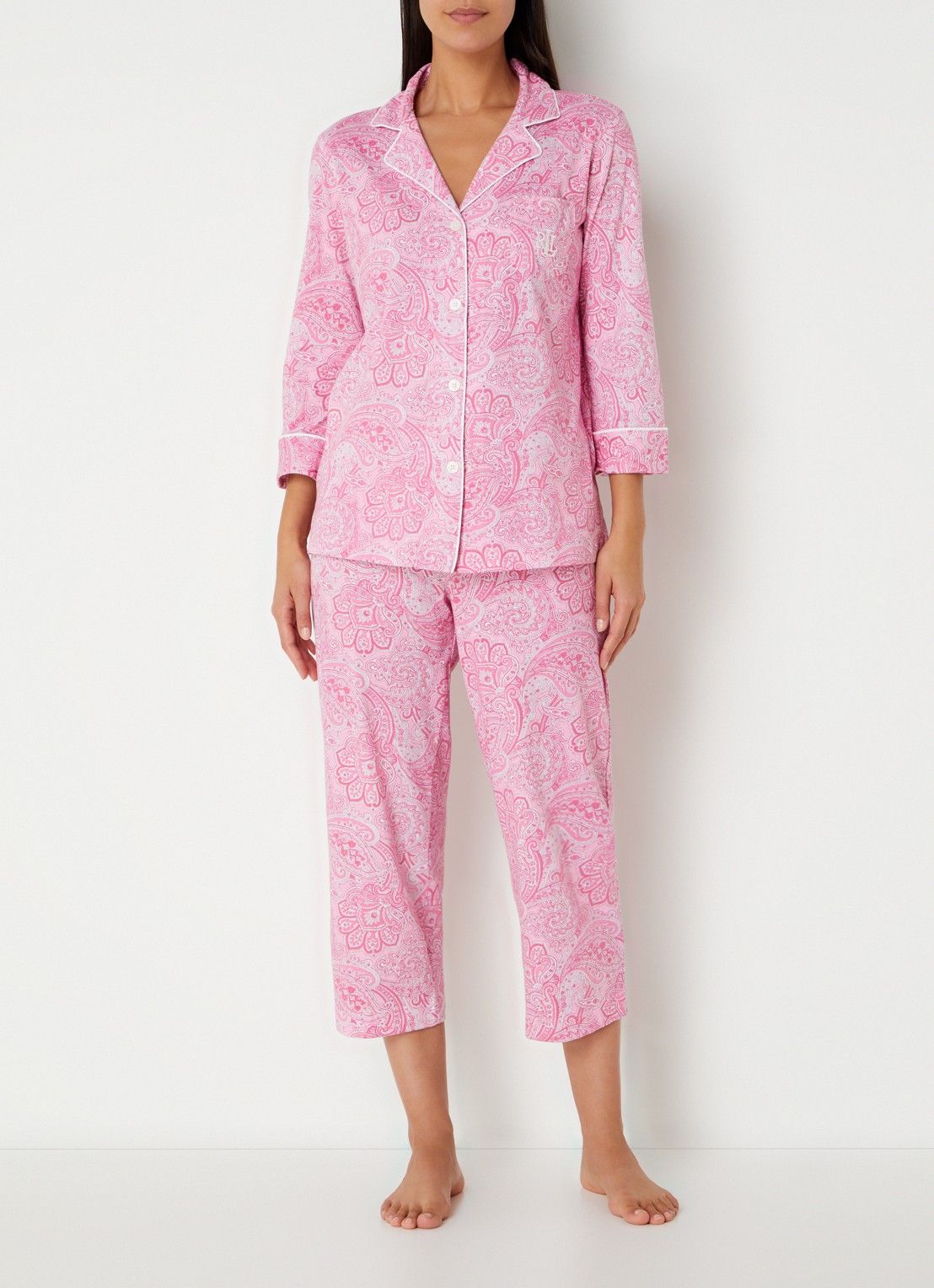 Ralph Lauren Pyamaset met paisley desson met logoborduring - detail 4 lichtroze