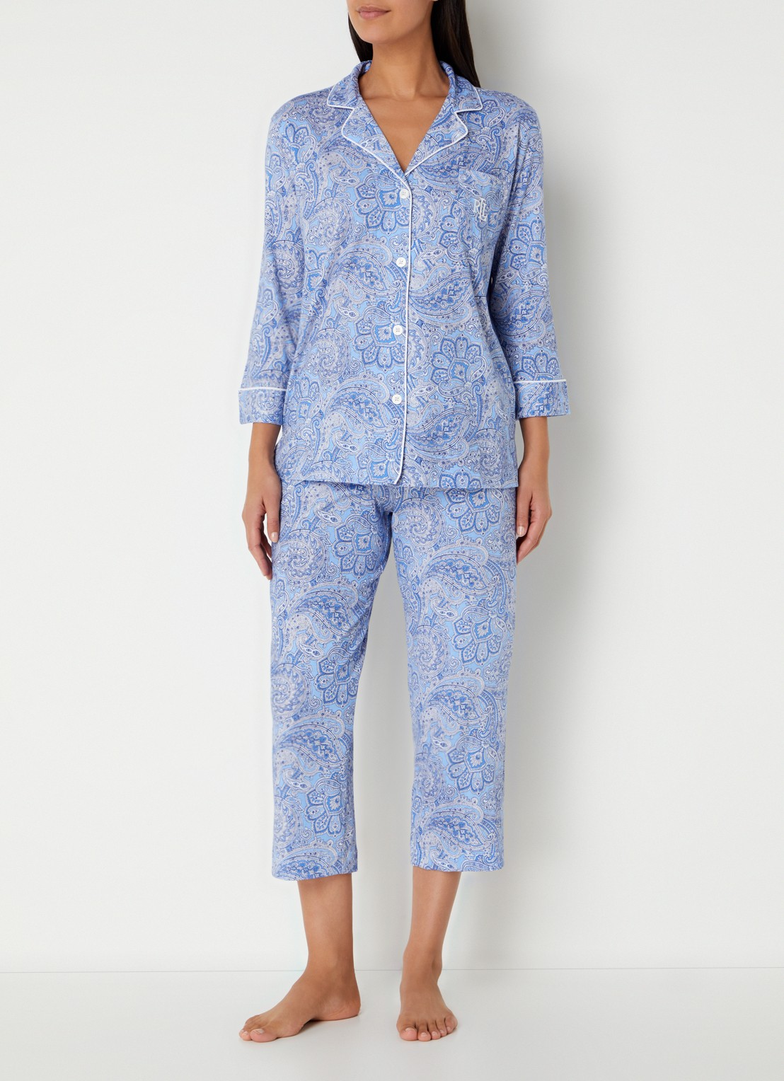 Ralph Lauren Pyamaset met paisley desson met logoborduring - detail 2 lichtblauw