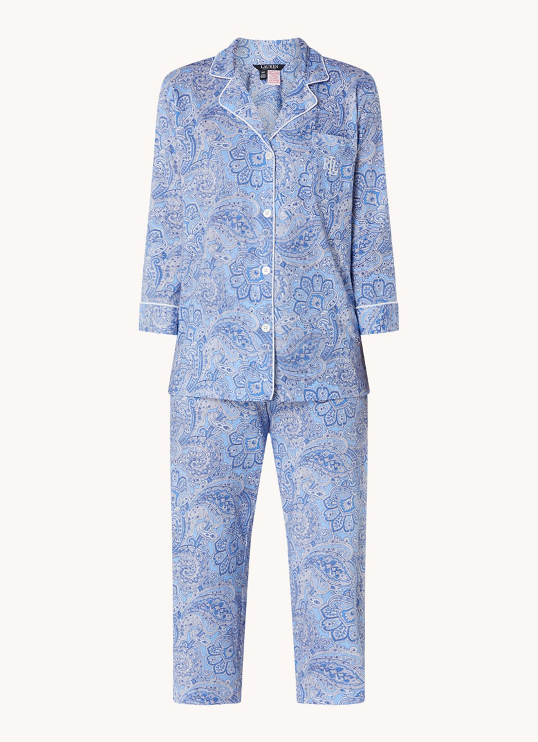 Ralph Lauren Pyamaset met paisley desson met logoborduring - voorkant 3 lichtblauw