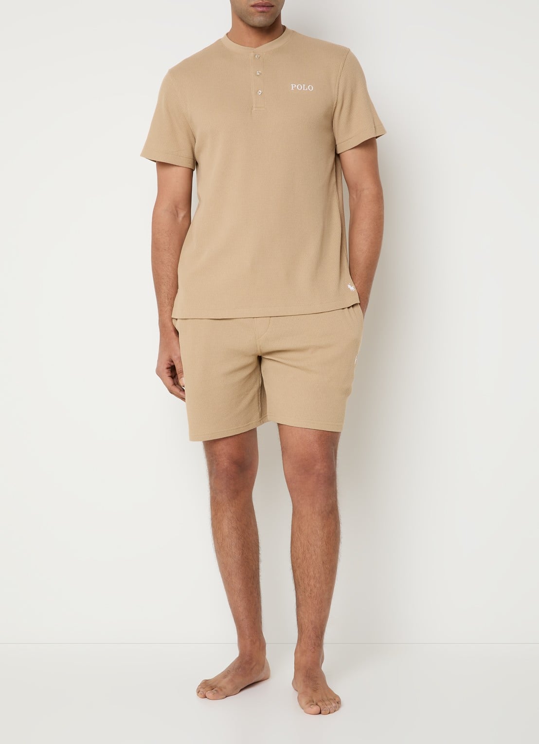 Ralph Lauren Pyjamashorts met structuur - voorkant 2 camel