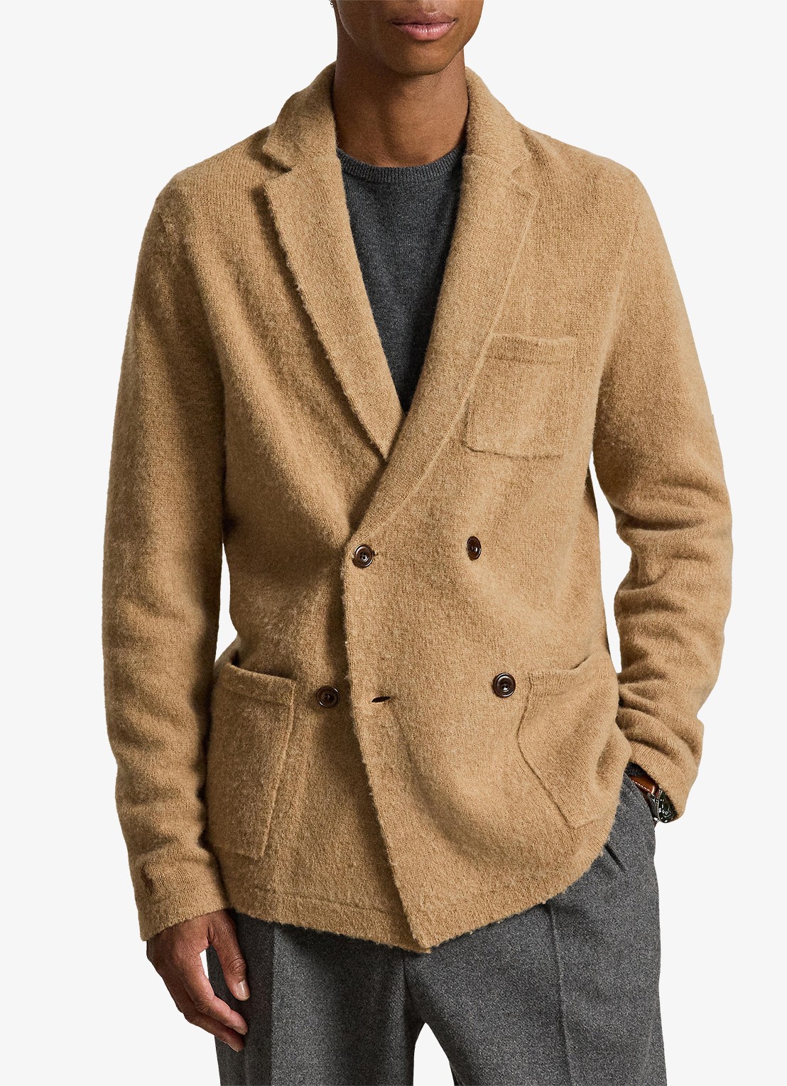 Ralph Lauren Regular fit double-breasted colbert in kasjmierblend met opgestikte zakken - voorkant 5 crouton tan heather / beige