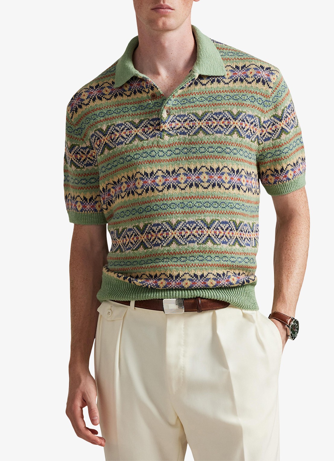 Ralph Lauren Regular fit fijngebreide polo in linnenblend met ingebreid patroon - detail 4 green combo-399u