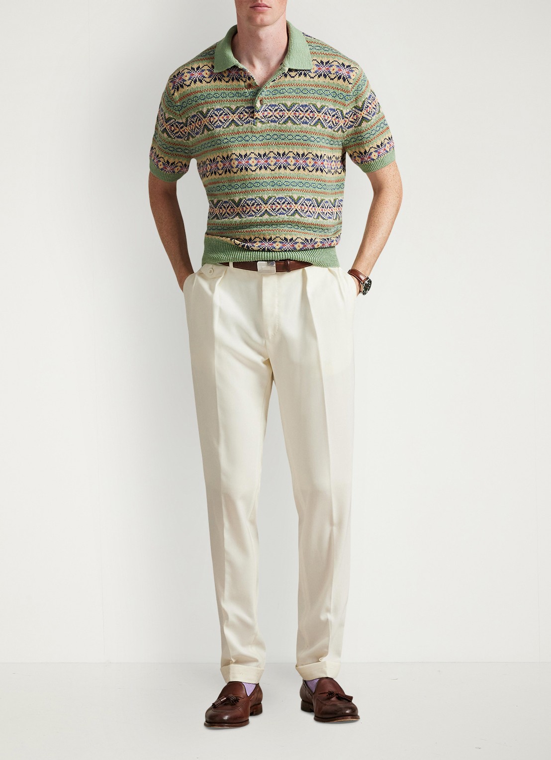 Ralph Lauren Regular fit fijngebreide polo in linnenblend met ingebreid patroon - voorkant 3 green combo-399u