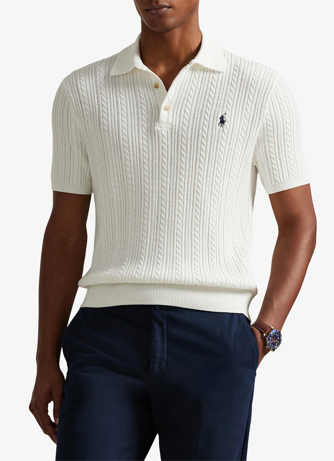 Ralph Lauren Regular fit kabelgebreide polo met logoborduring - detail 3 deckwash white w/ navy pp-460o