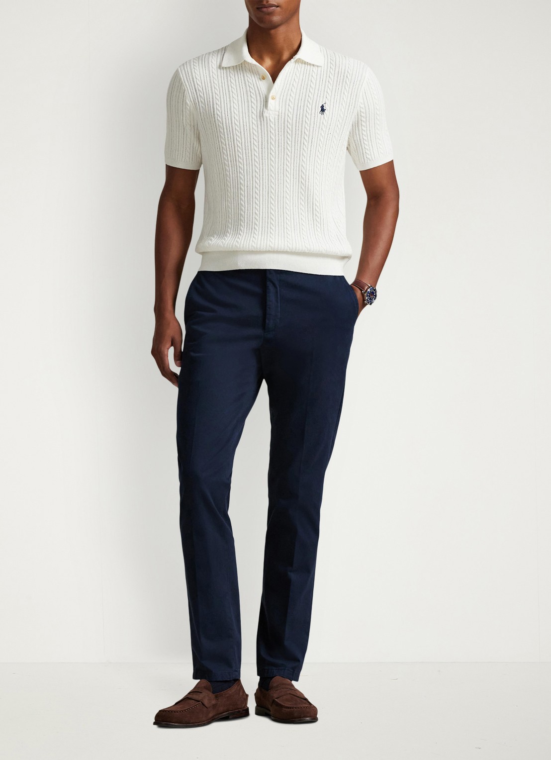 Ralph Lauren Regular fit kabelgebreide polo met logoborduring - voorkant 2 deckwash white w/ navy pp-460o