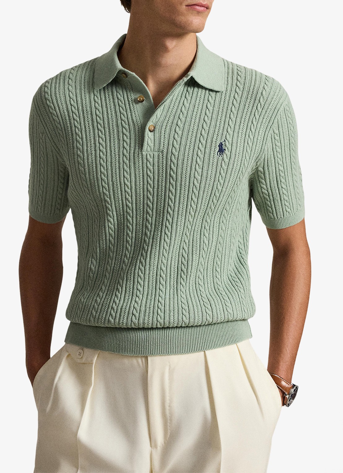 Ralph Lauren Regular fit kabelgebreide polo met logoborduring - voorkant 2 light green / lichtgroen