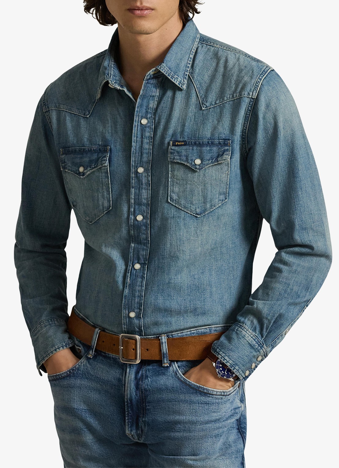 Ralph Lauren Regular fit overhemd van denim met borstzakken - detail indigo