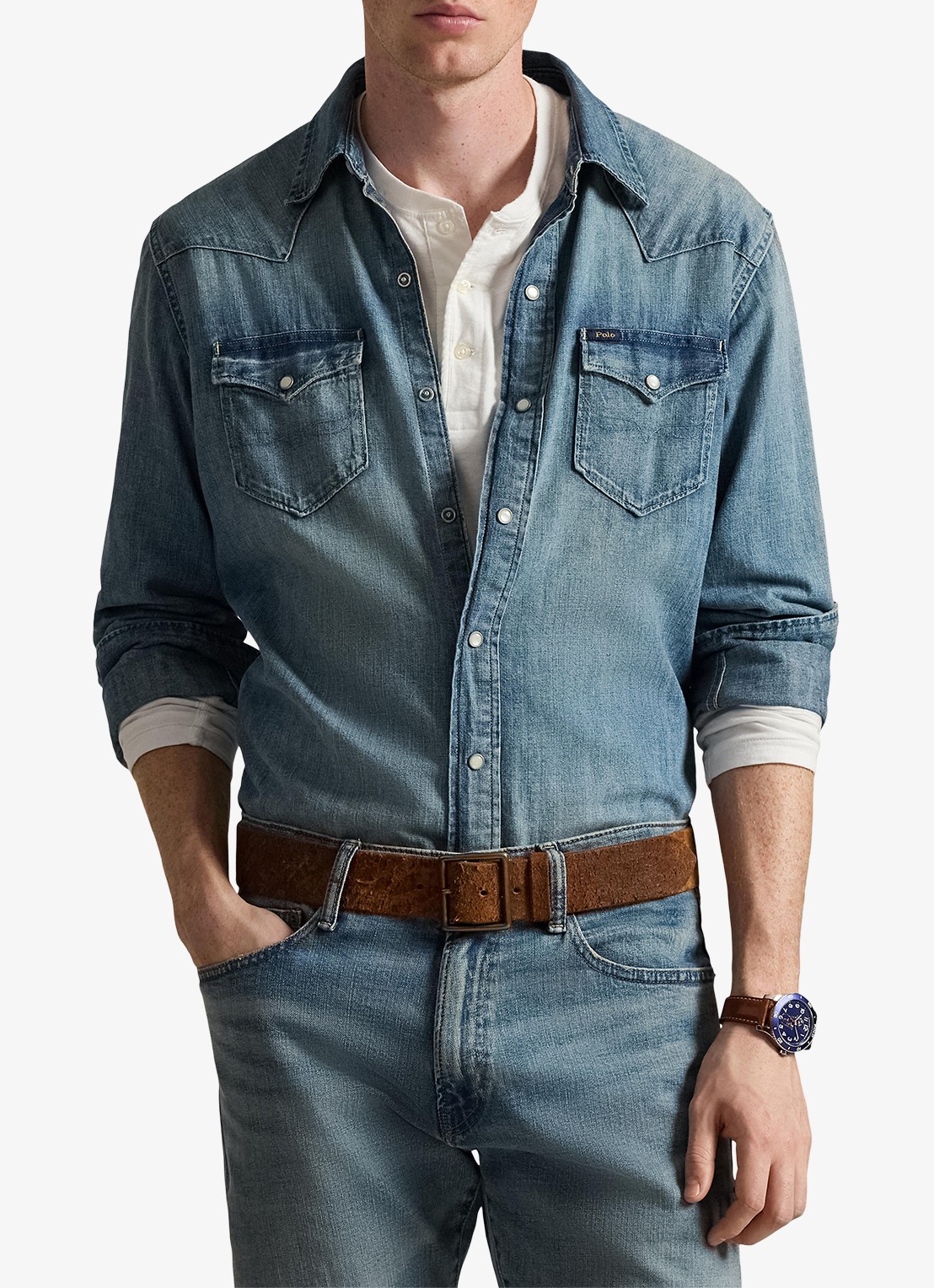 Ralph Lauren Regular fit overhemd van denim met borstzakken - detail 3 indigo