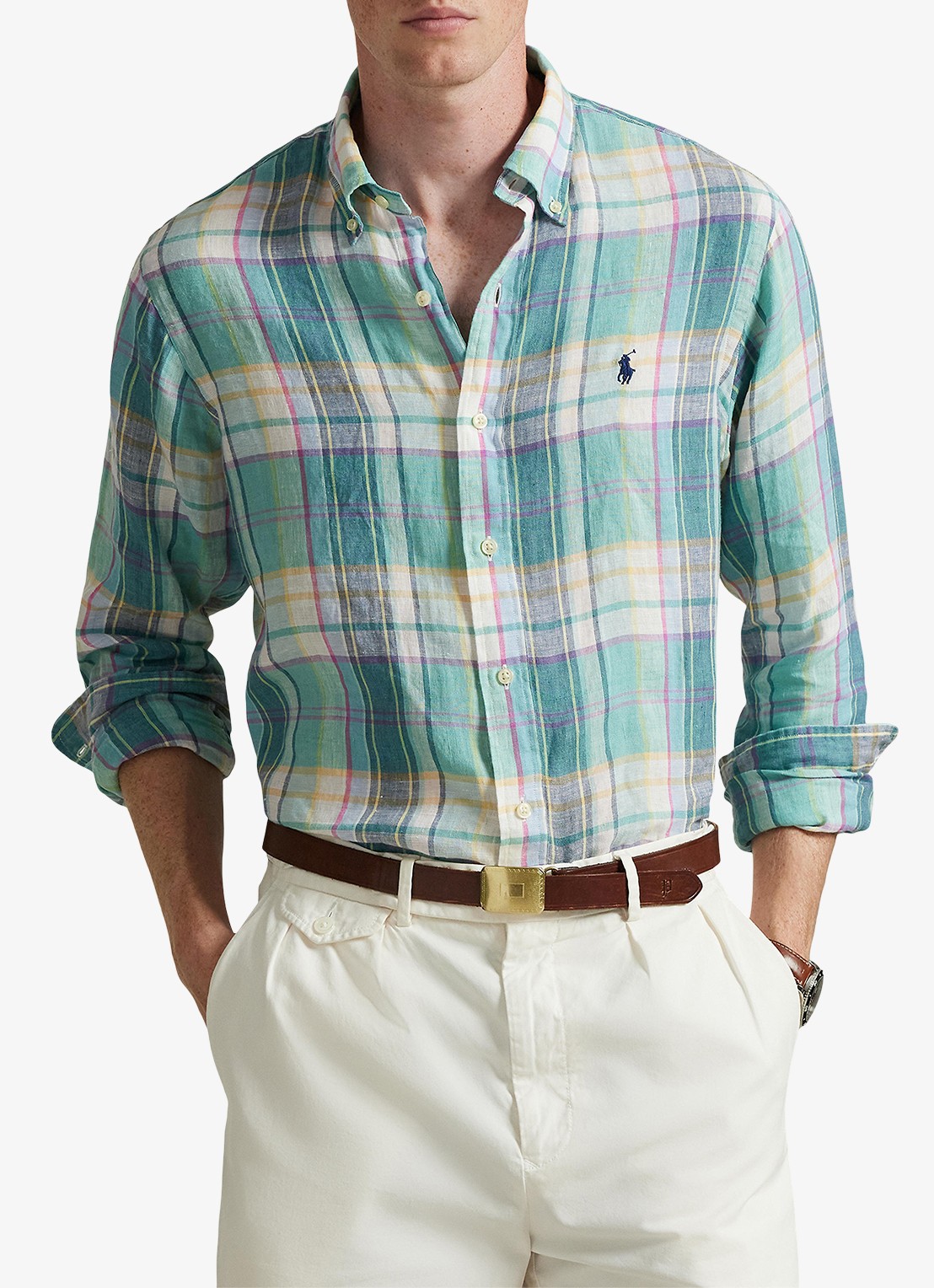 Ralph Lauren Regular fit overhemd van linnen met ruitdessin - detail 4 7116b green blue white-48oa