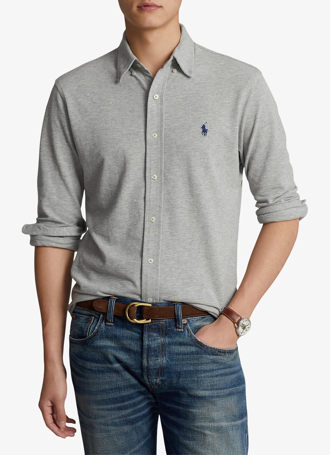 Ralph Lauren Regular fit overhemd van piqué katoen - detail andover heather / grijs