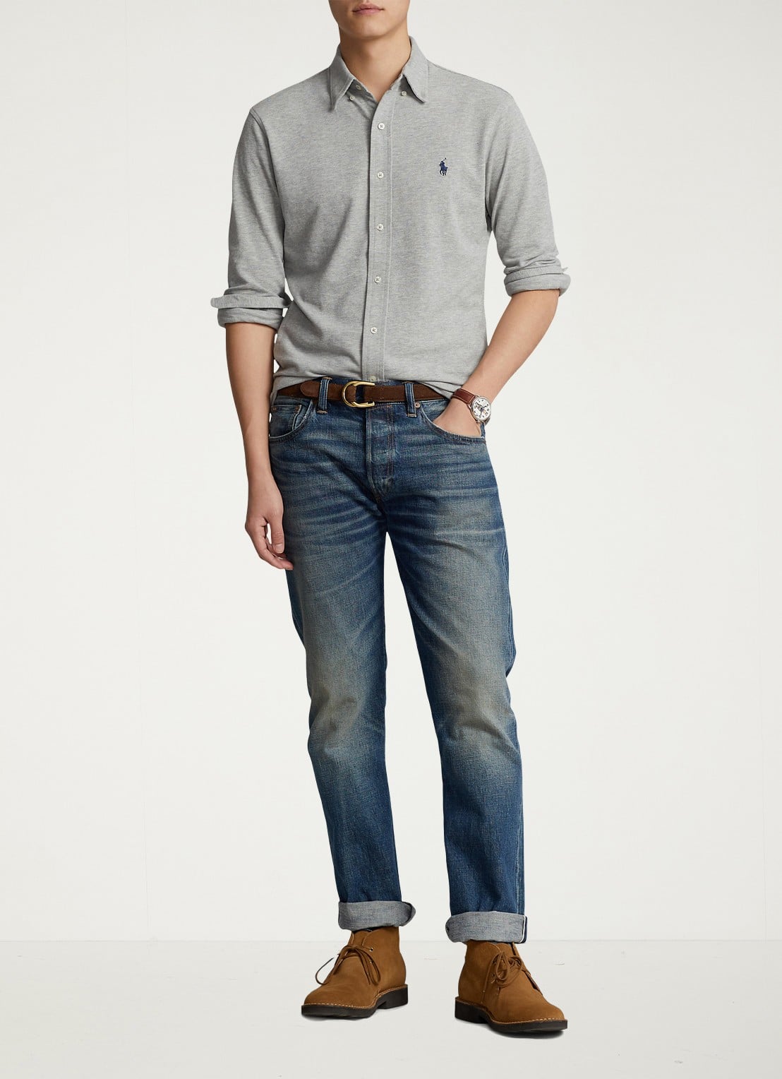 Ralph Lauren Regular fit overhemd van piqué katoen - voorkant 5 andover heather / grijs