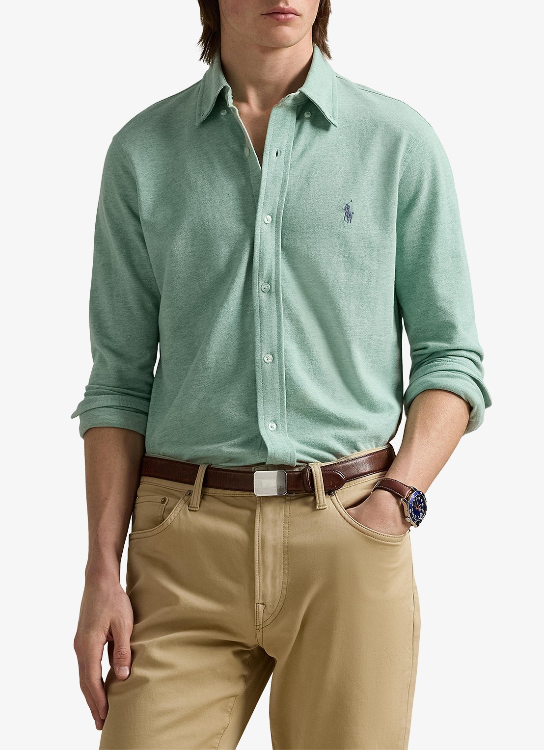 Ralph Lauren Regular fit overhemd van piqué katoen - detail celadon heather / groen