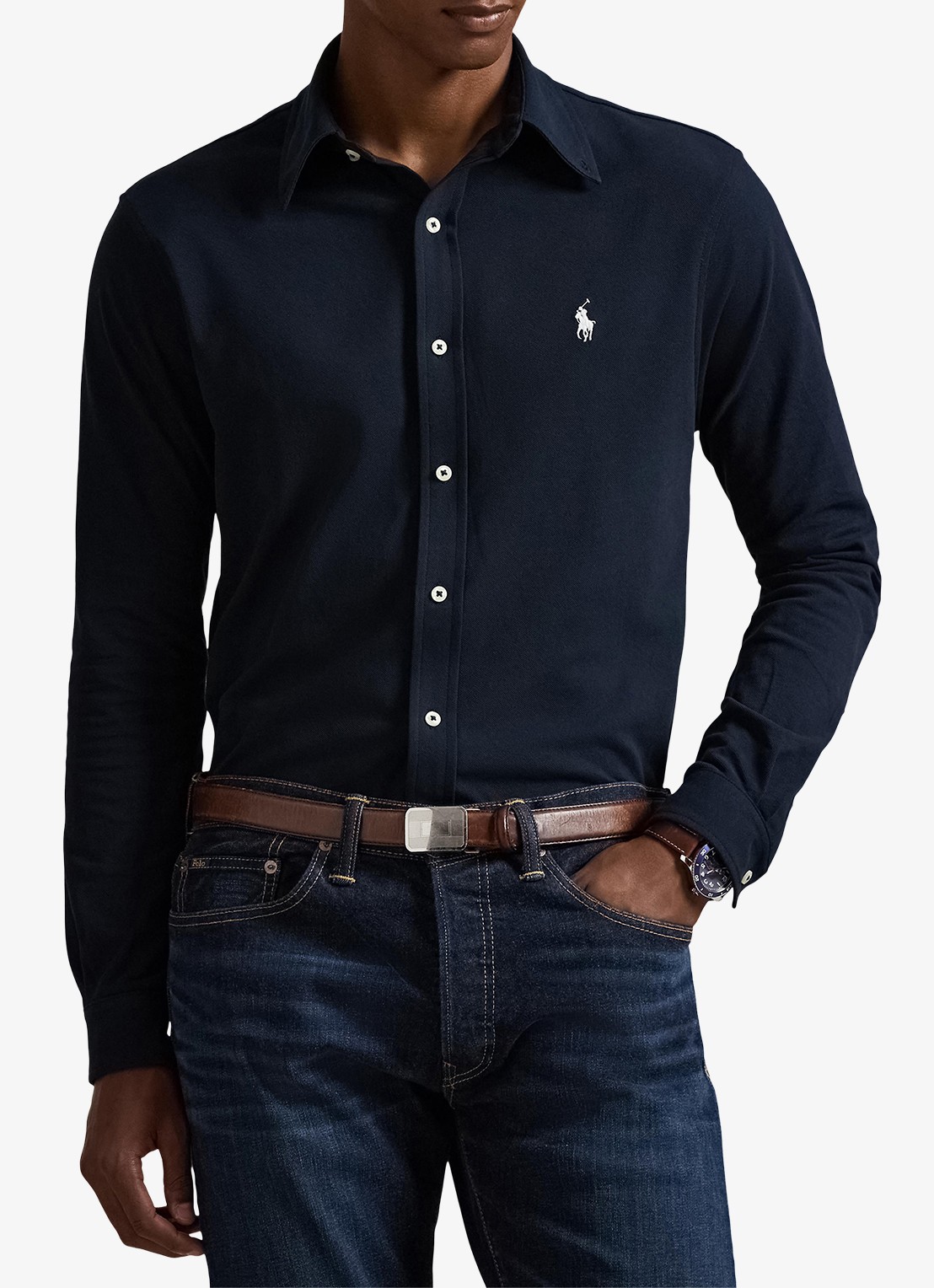 Ralph Lauren Regular fit overhemd van piqué katoen - detail aviator navy / donkerblauw
