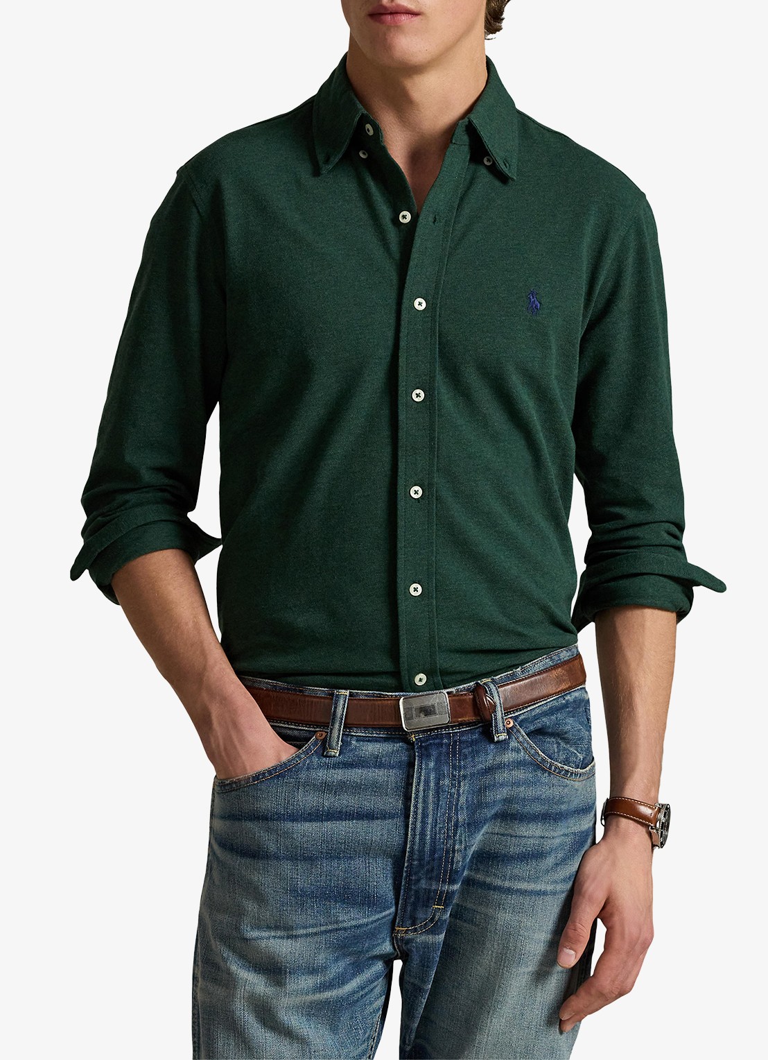 Ralph Lauren Regular fit overhemd van piqué katoen - detail scotch pine heather / donkergroen