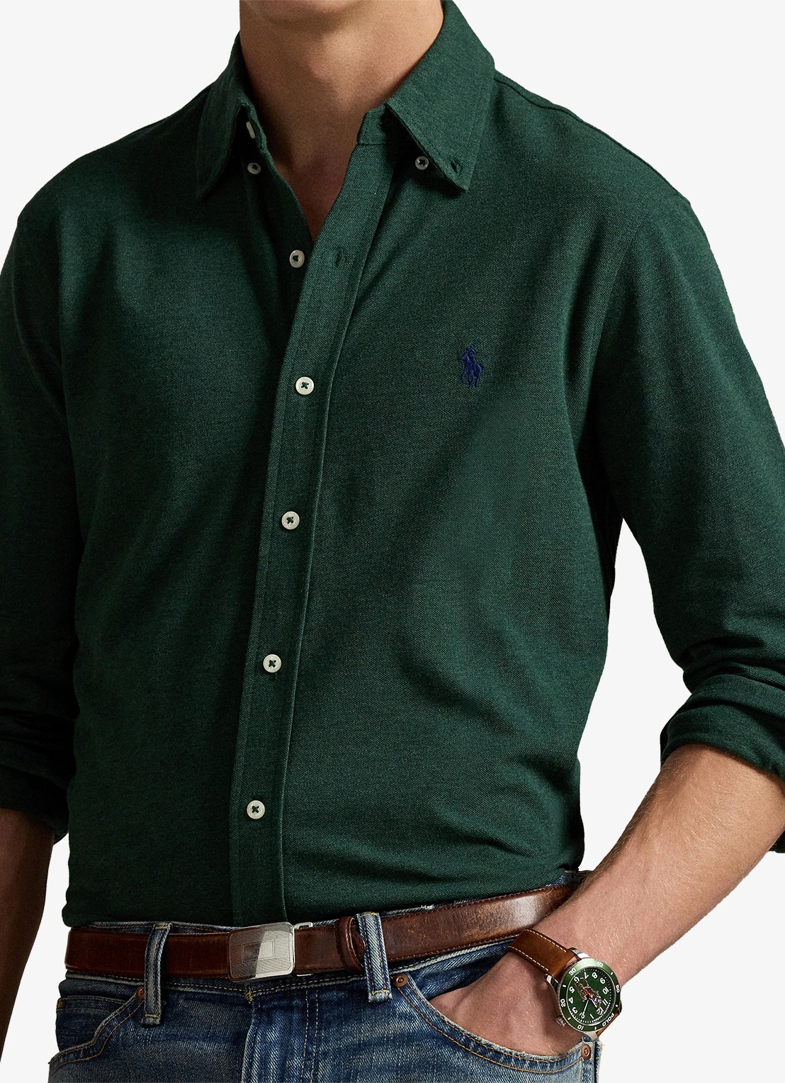 Ralph Lauren Regular fit overhemd van piqué katoen - detail 2 scotch pine heather / donkergroen