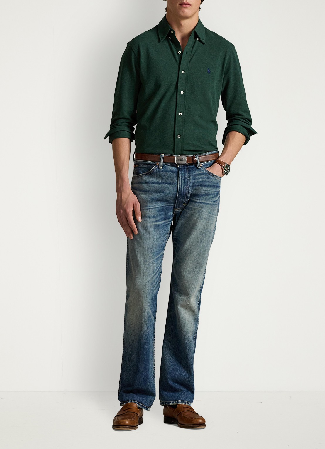 Ralph Lauren Regular fit overhemd van piqué katoen - voorkant 5 scotch pine heather / donkergroen