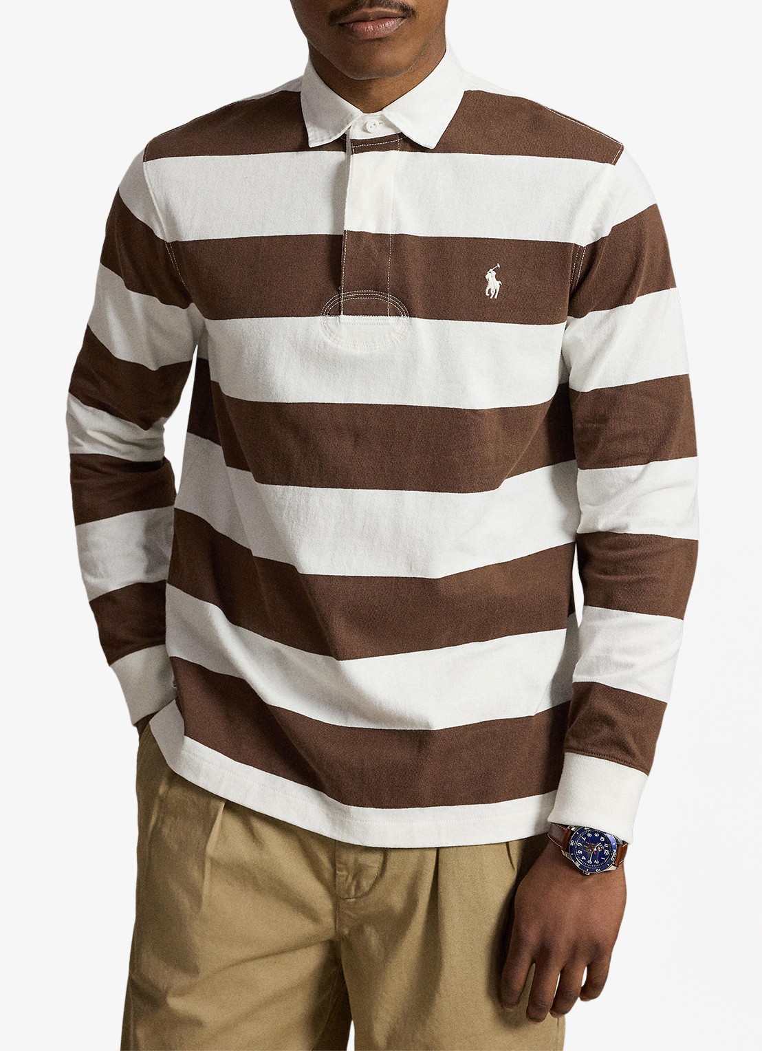Ralph Lauren Regular fit polo met logo en streepprint - voorkant 5 trphy crm/choclate brwn / bruin