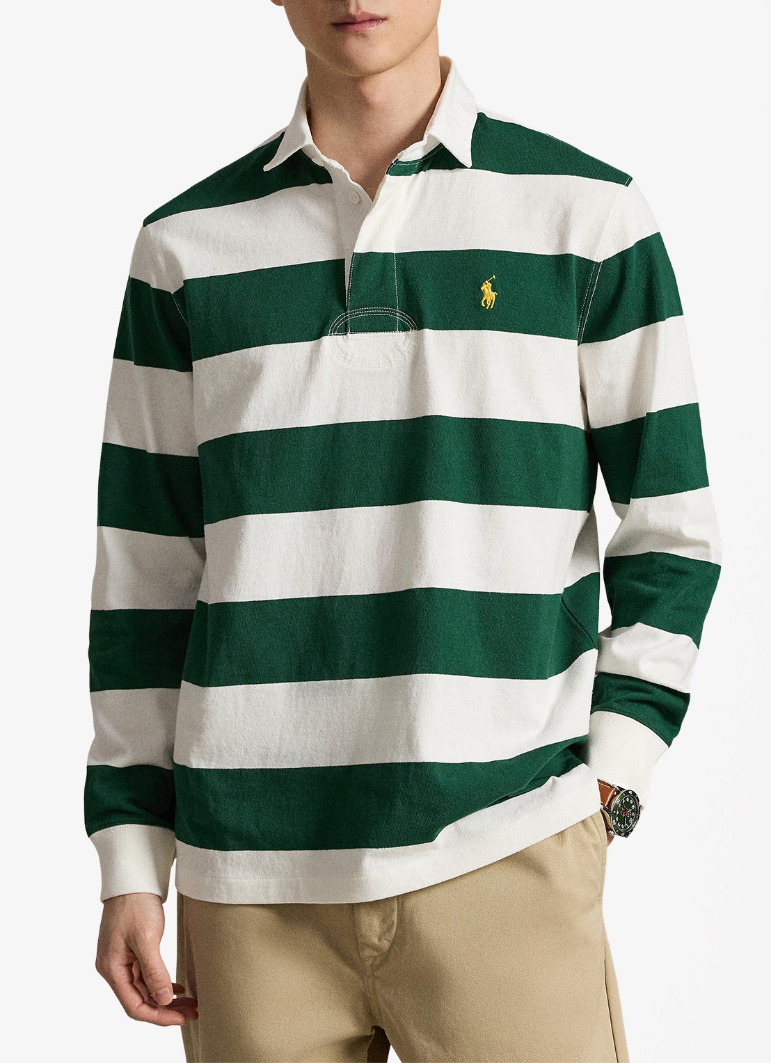 Ralph Lauren Regular fit polo met logo en streepprint - voorkant 5 trphy crm/nw forest / groen
