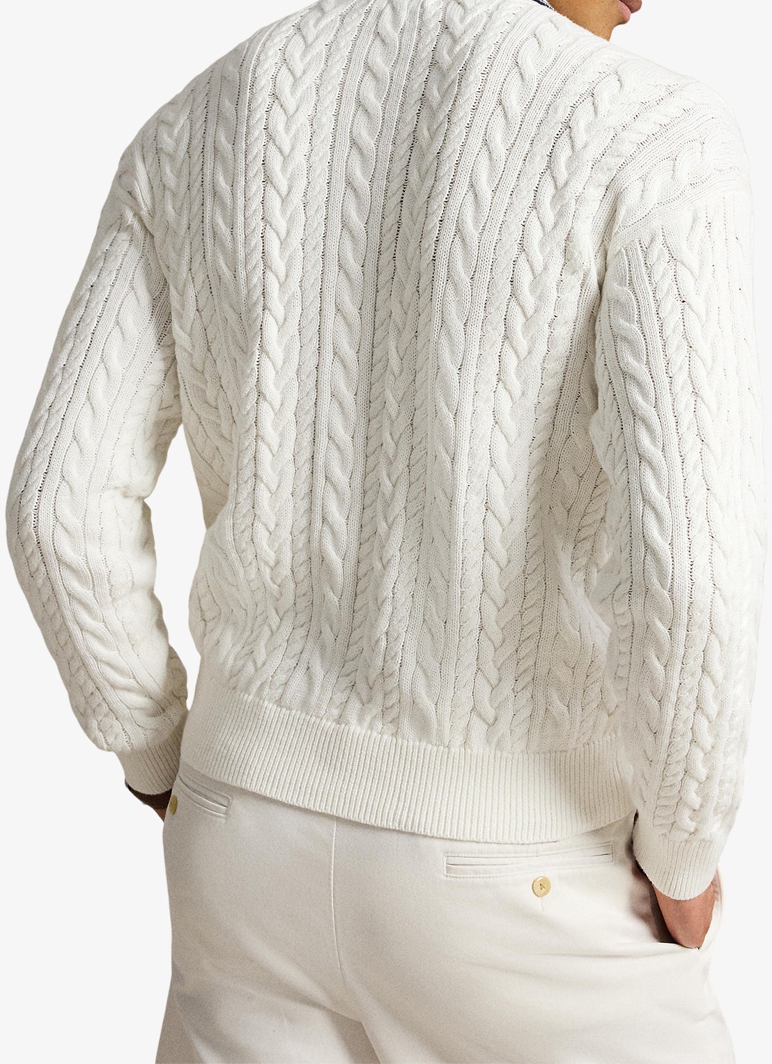 Ralph Lauren Relaxed fit kabelgebreide trui in linnenblend met polokraag - achterkant trophy cream / crème