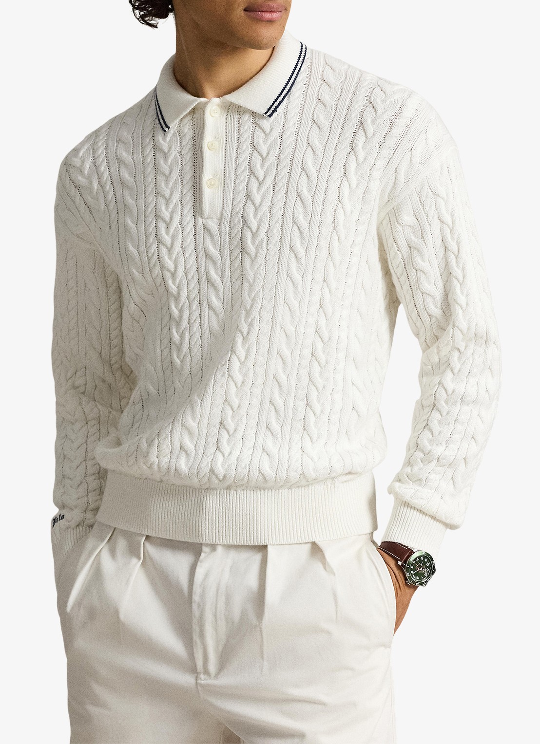 Ralph Lauren Relaxed fit kabelgebreide trui in linnenblend met polokraag - detail 4 trophy cream / crème