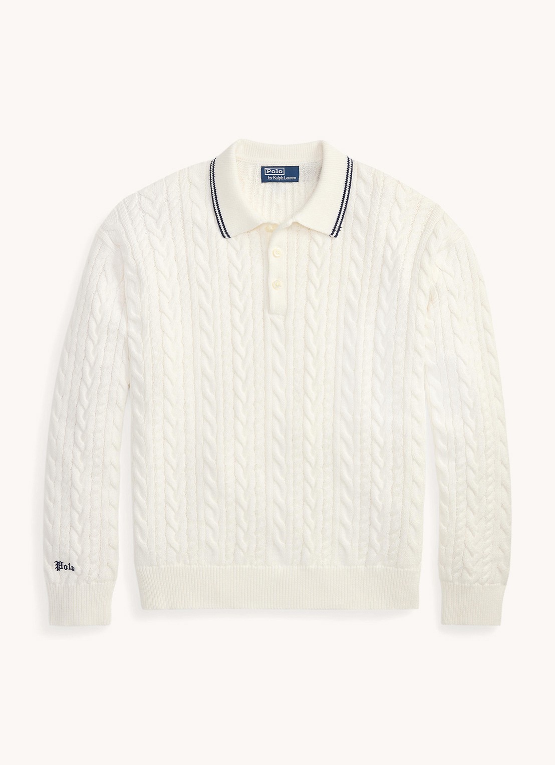 Ralph Lauren Relaxed fit kabelgebreide trui in linnenblend met polokraag - voorkant 2 trophy cream / crème