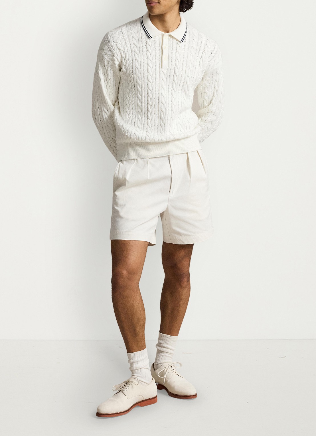 Ralph Lauren Relaxed fit kabelgebreide trui in linnenblend met polokraag - voorkant 3 trophy cream / crème