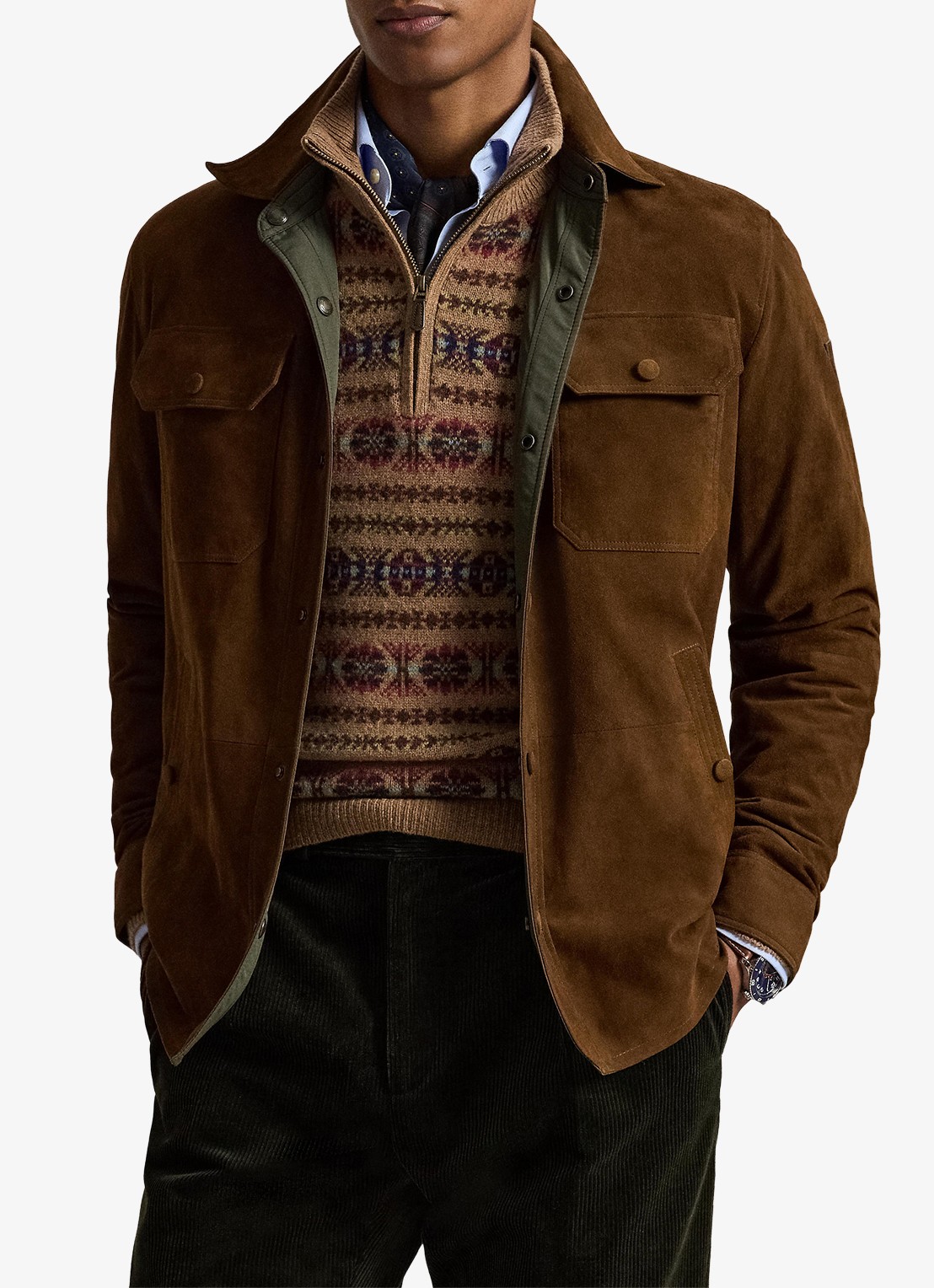 Ralph Lauren Reversible jack van suède - voorkant 5 smith brown/turf olive / bruin