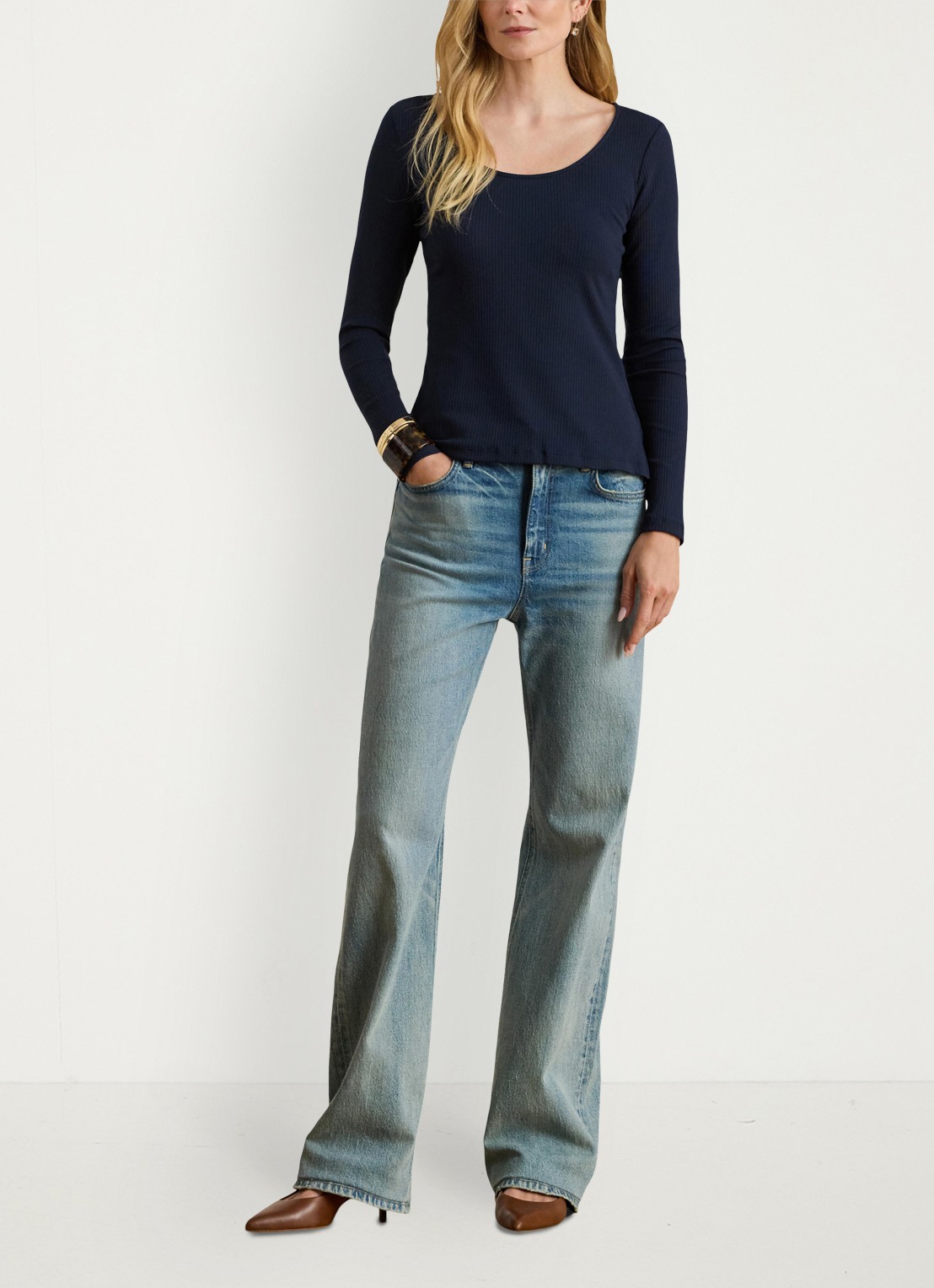 Ralph Lauren Ribgebreid longsleeve met ronde hals - voorkant 2 blauw