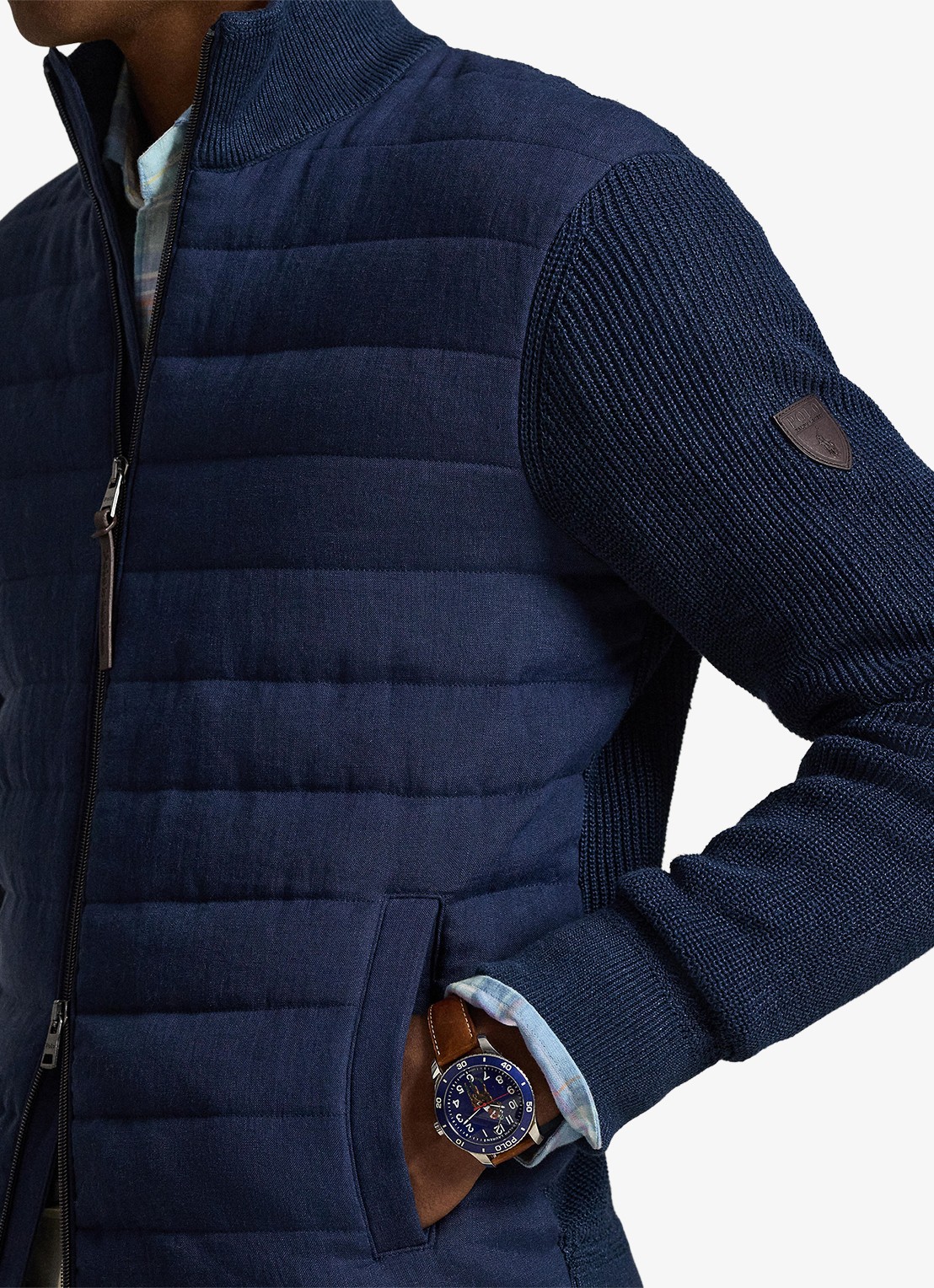 Ralph Lauren Ribgebreid vest van linnen met gewatteerd voorpand - detail 5 navy linen combo-4535