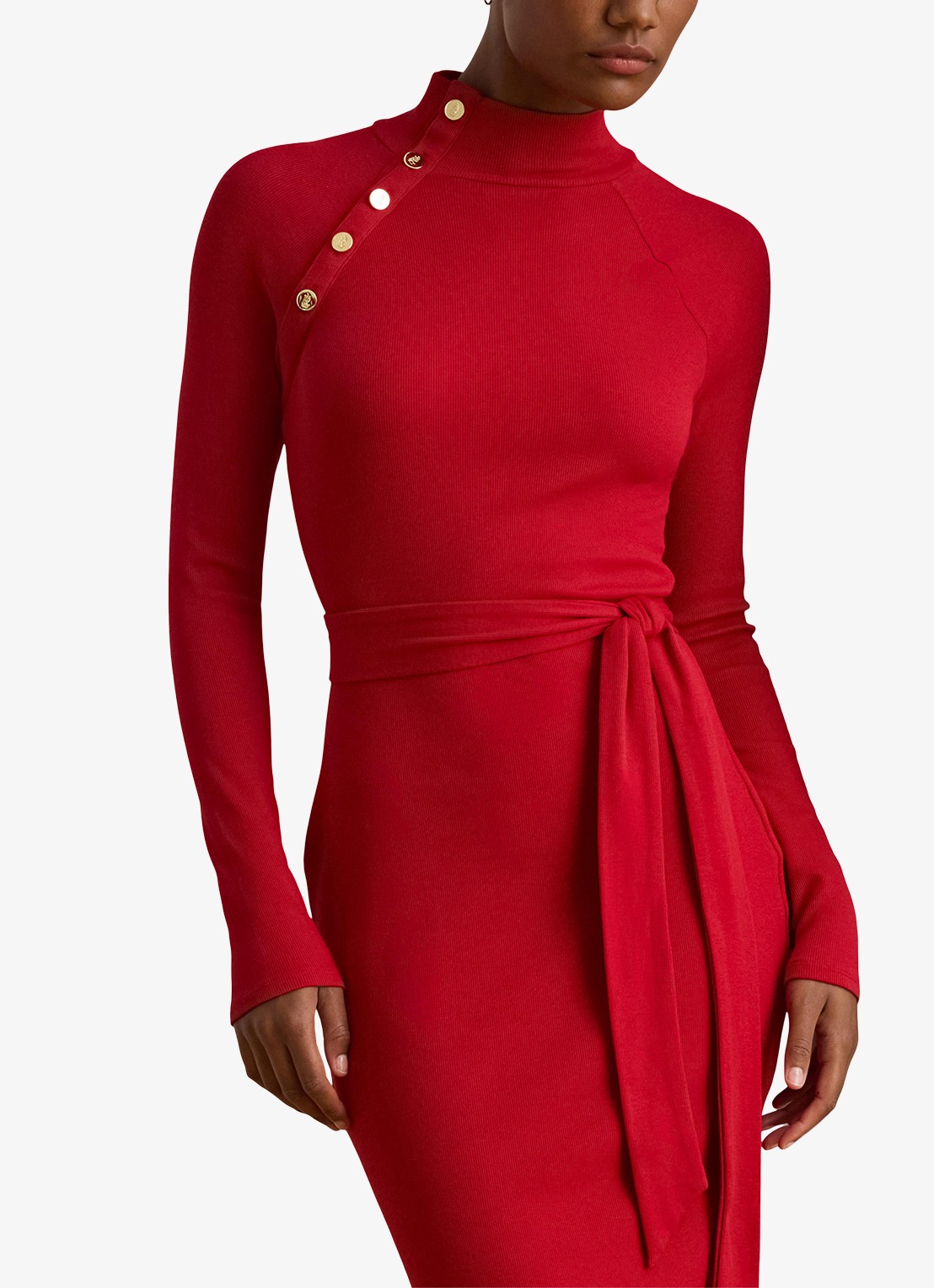 Ralph Lauren Ribgebreide jurk met opstaande kraag en sierknopen - detail 4 ralph red / rood