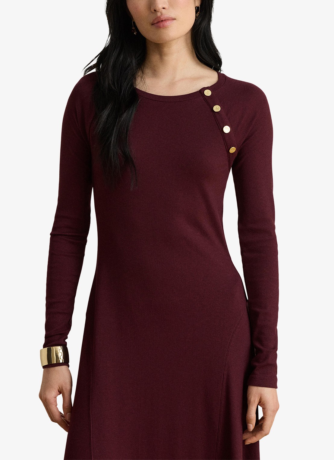 Ralph Lauren Ribgebreide midi jurk met sierknopen - detail dark garnet / bordeauxrood