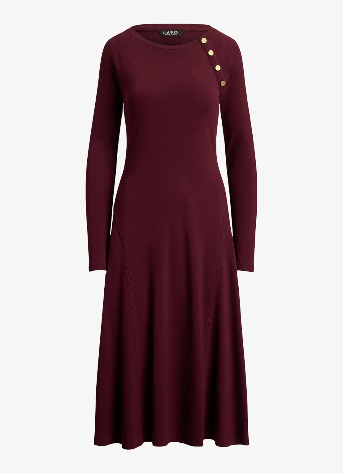Ralph Lauren Ribgebreide midi jurk met sierknopen - voorkant 4 dark garnet / bordeauxrood
