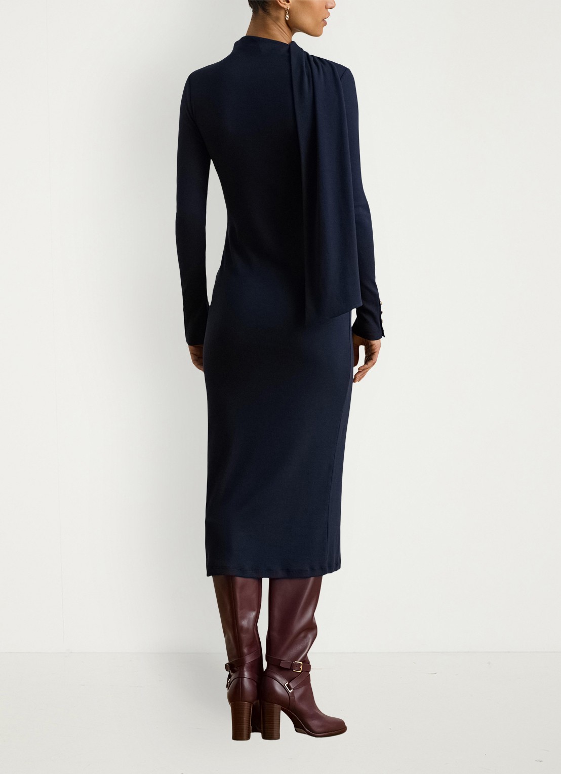 Ralph Lauren Ribgebreide midi jurk met sjaalkraag - achterkant donkerblauw