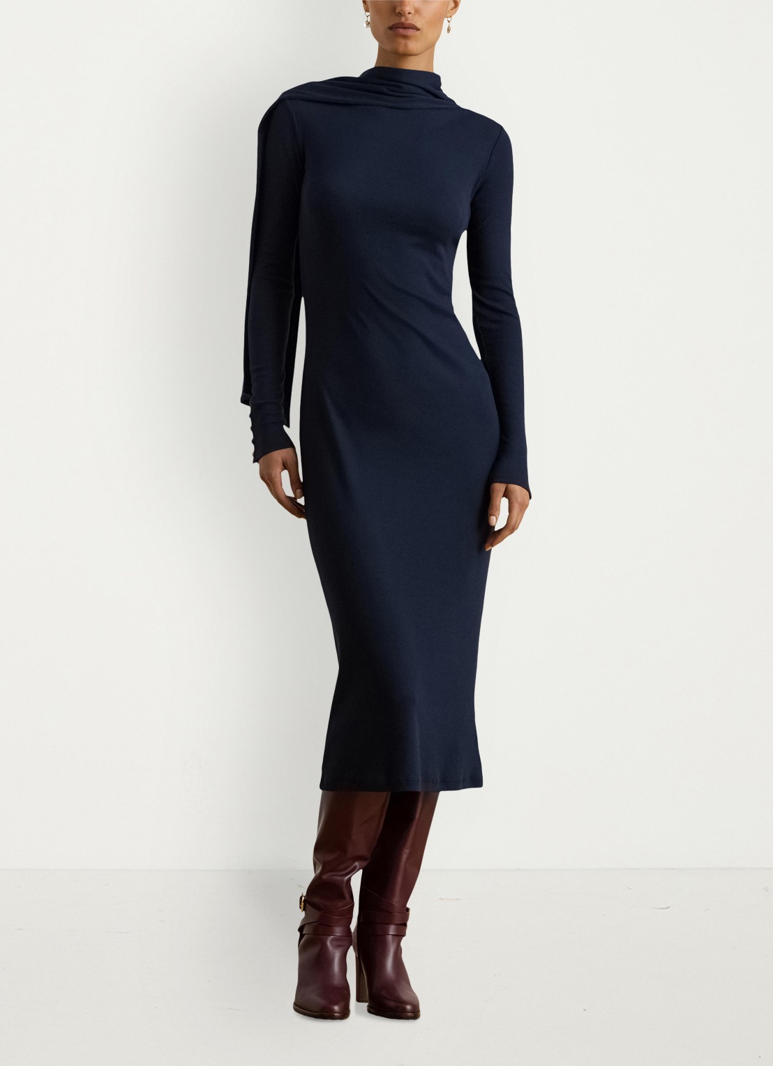 Ralph Lauren Ribgebreide midi jurk met sjaalkraag - detail 3 donkerblauw
