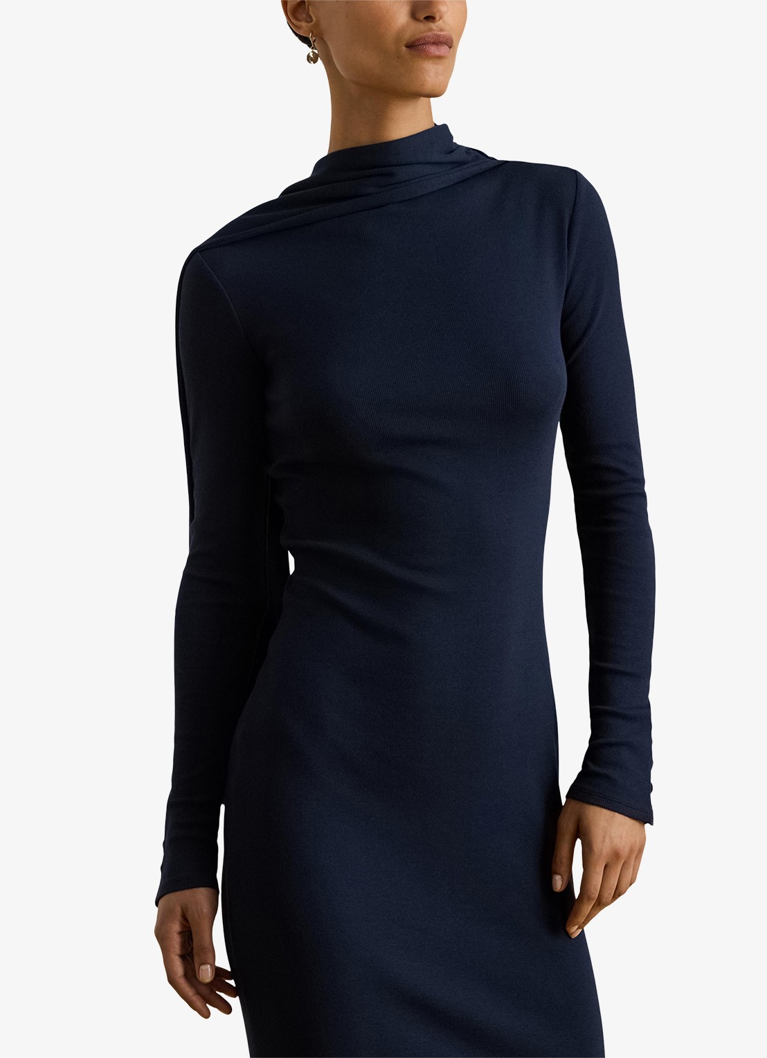 Ralph Lauren Ribgebreide midi jurk met sjaalkraag - detail 4 donkerblauw