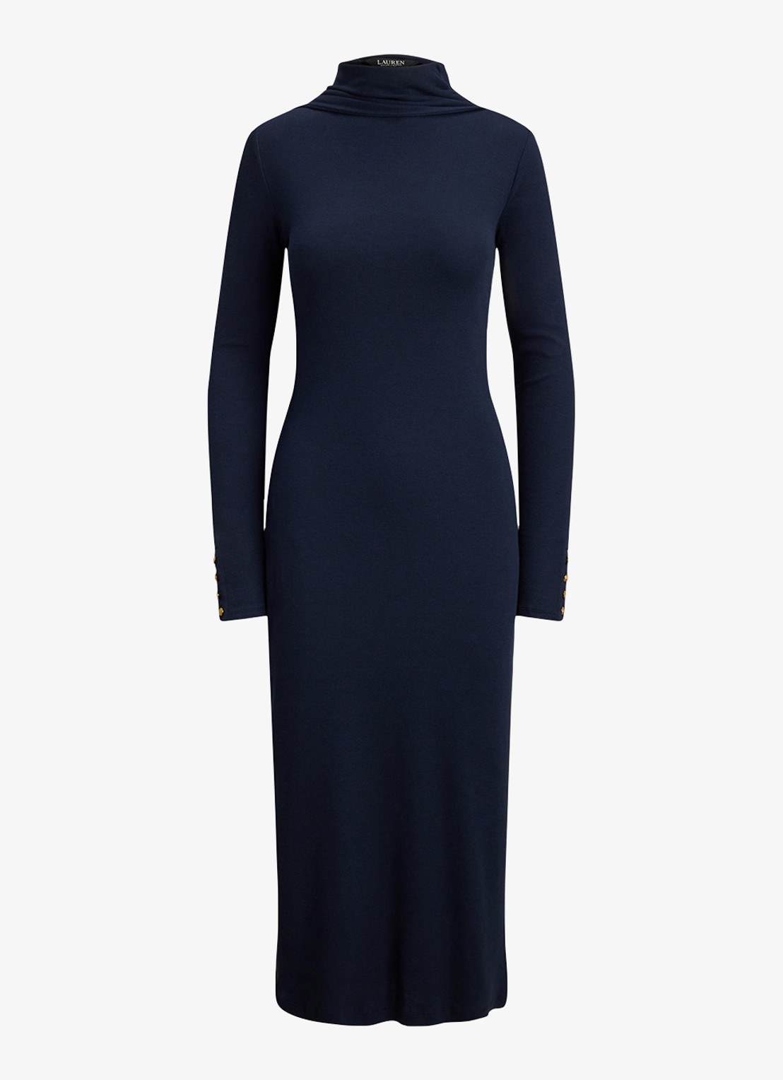 Ralph Lauren Ribgebreide midi jurk met sjaalkraag - voorkant 2 donkerblauw