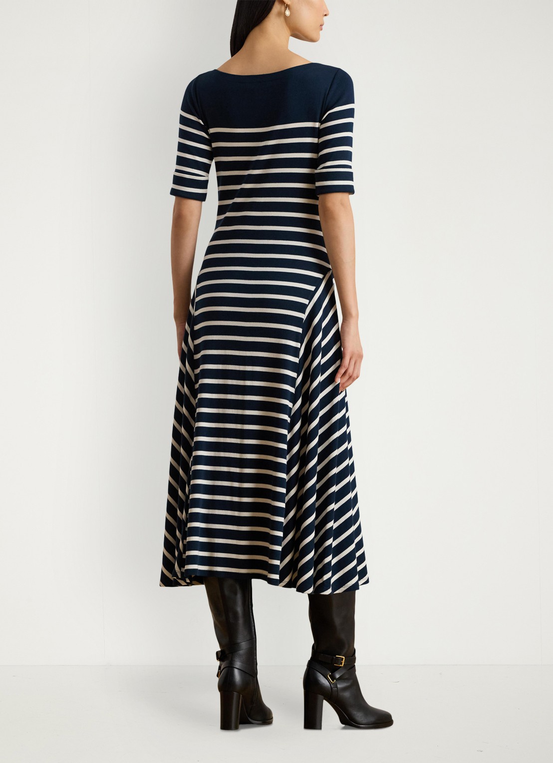 Ralph Lauren Ribgebreide midi jurk met streepprint - achterkant 2 zwart
