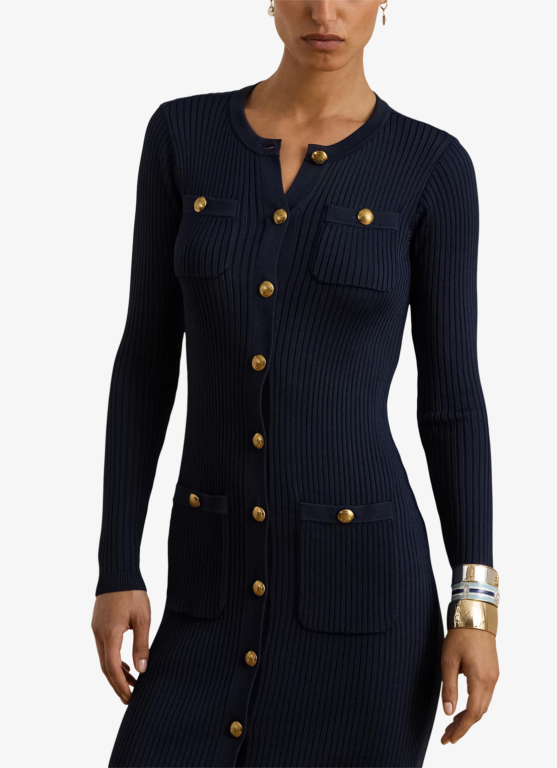 Ralph Lauren Ribgebreide mini jurk met knopen - detail 4 donkerblauw