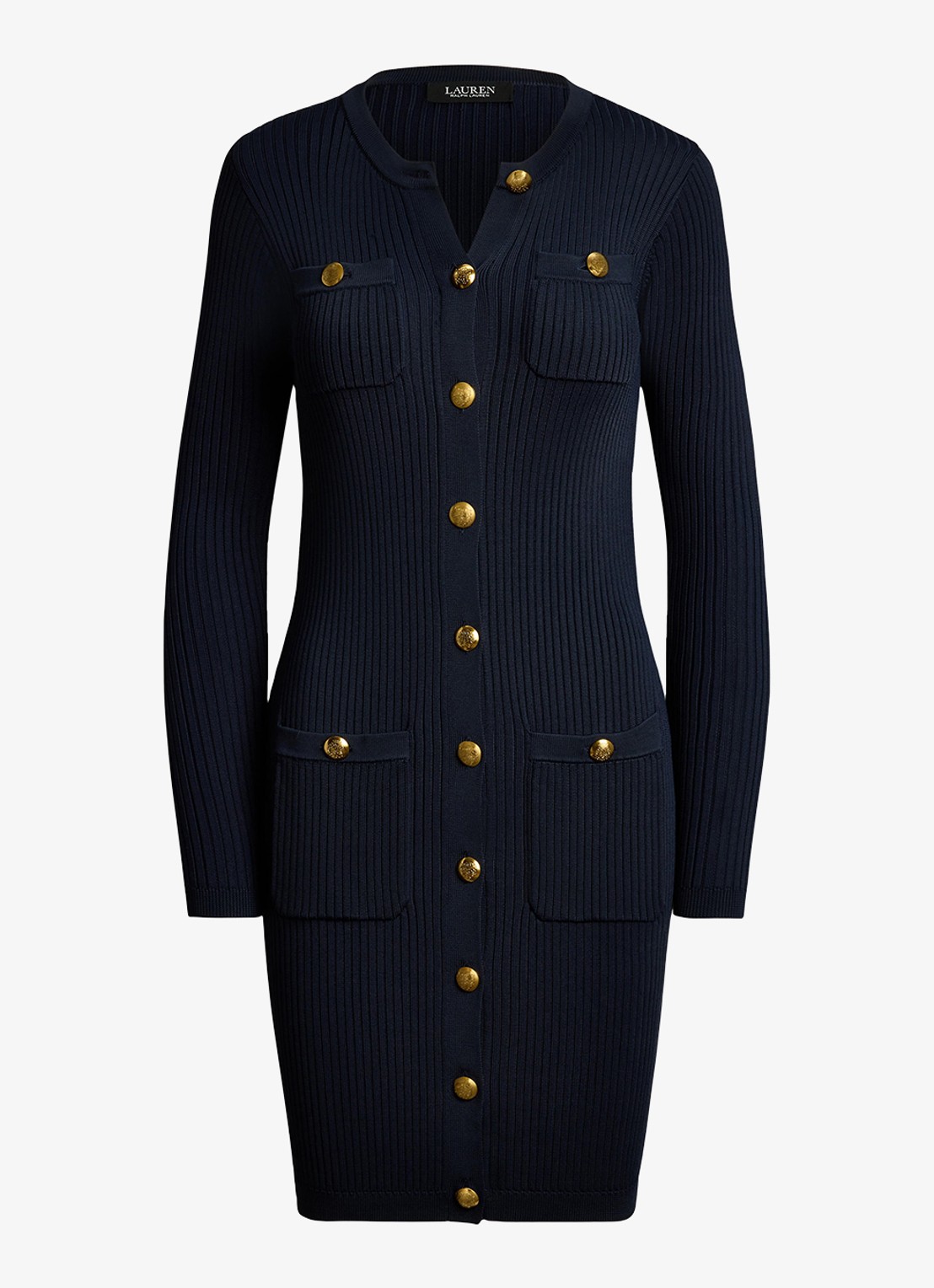 Ralph Lauren Ribgebreide mini jurk met knopen - voorkant donkerblauw