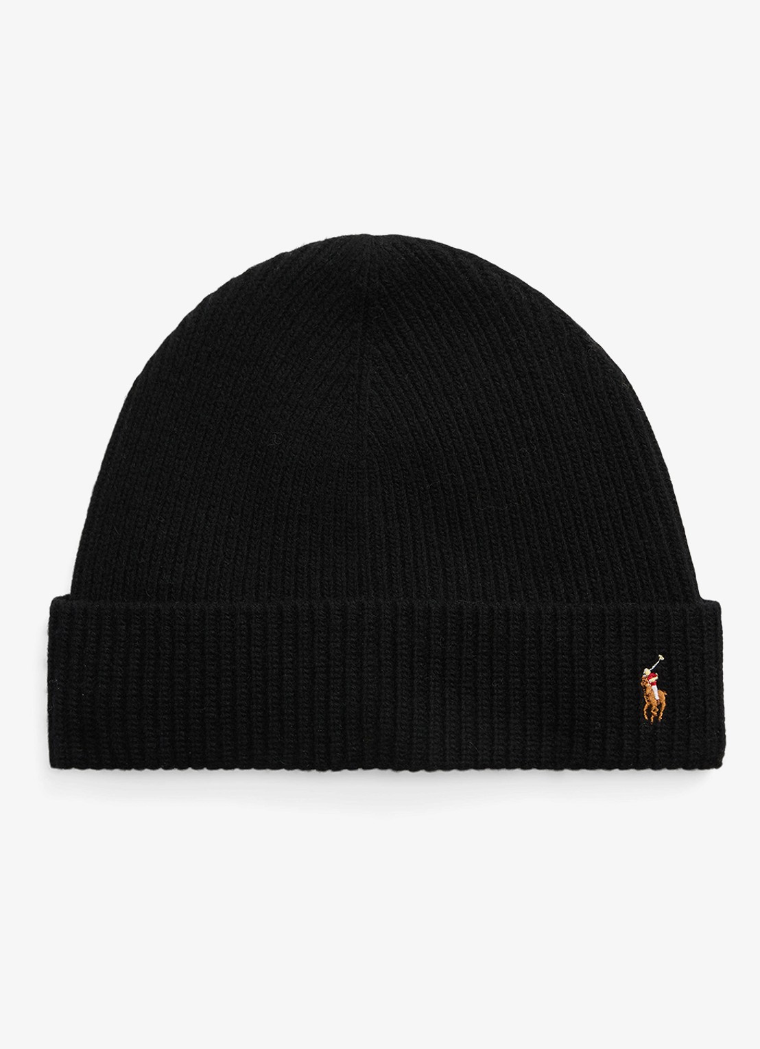 Ralph Lauren Ribgebreide muts in wolblend - voorkant polo black / zwart