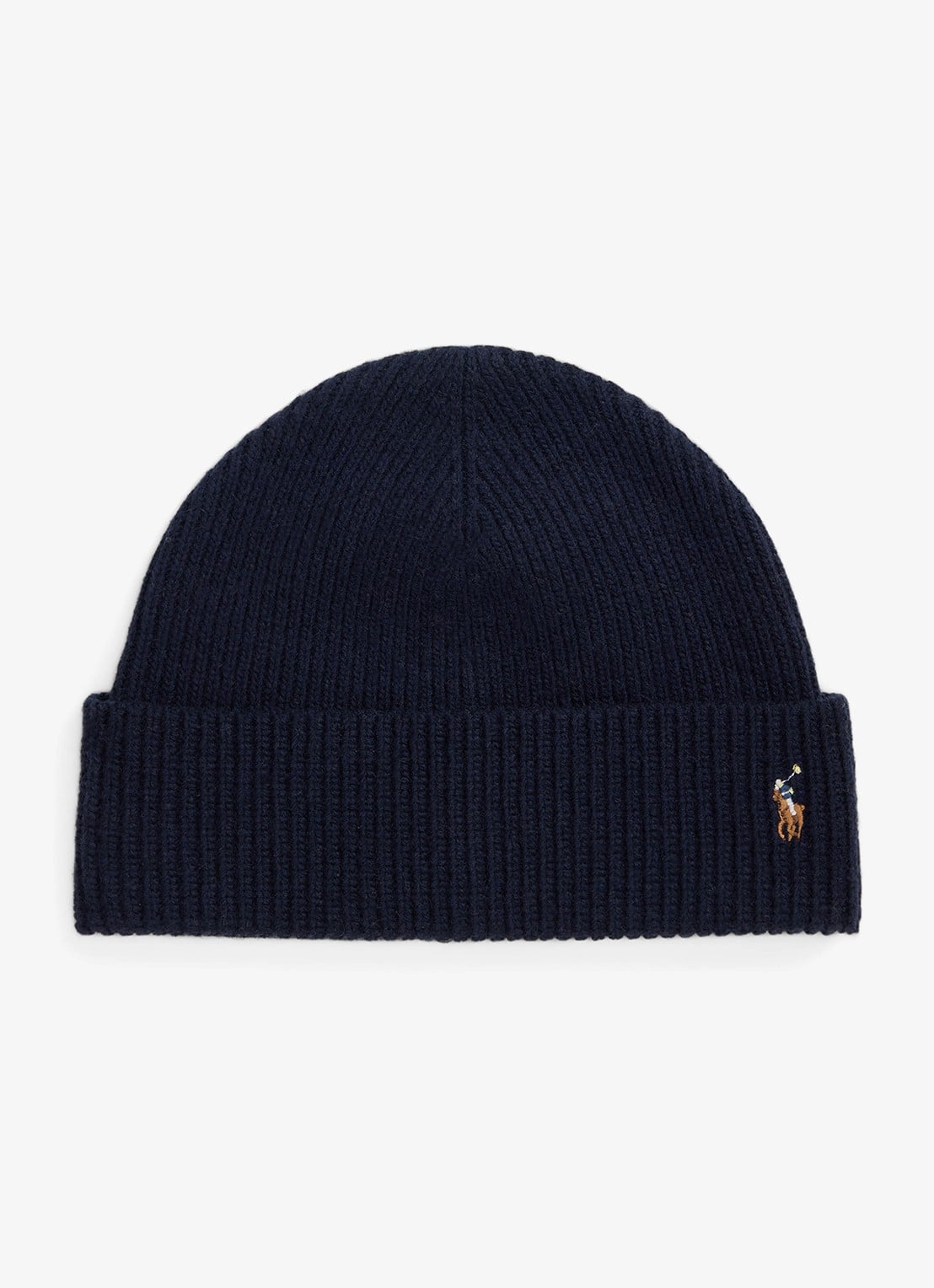 Ralph Lauren Ribgebreide muts in wolblend - voorkant blauw