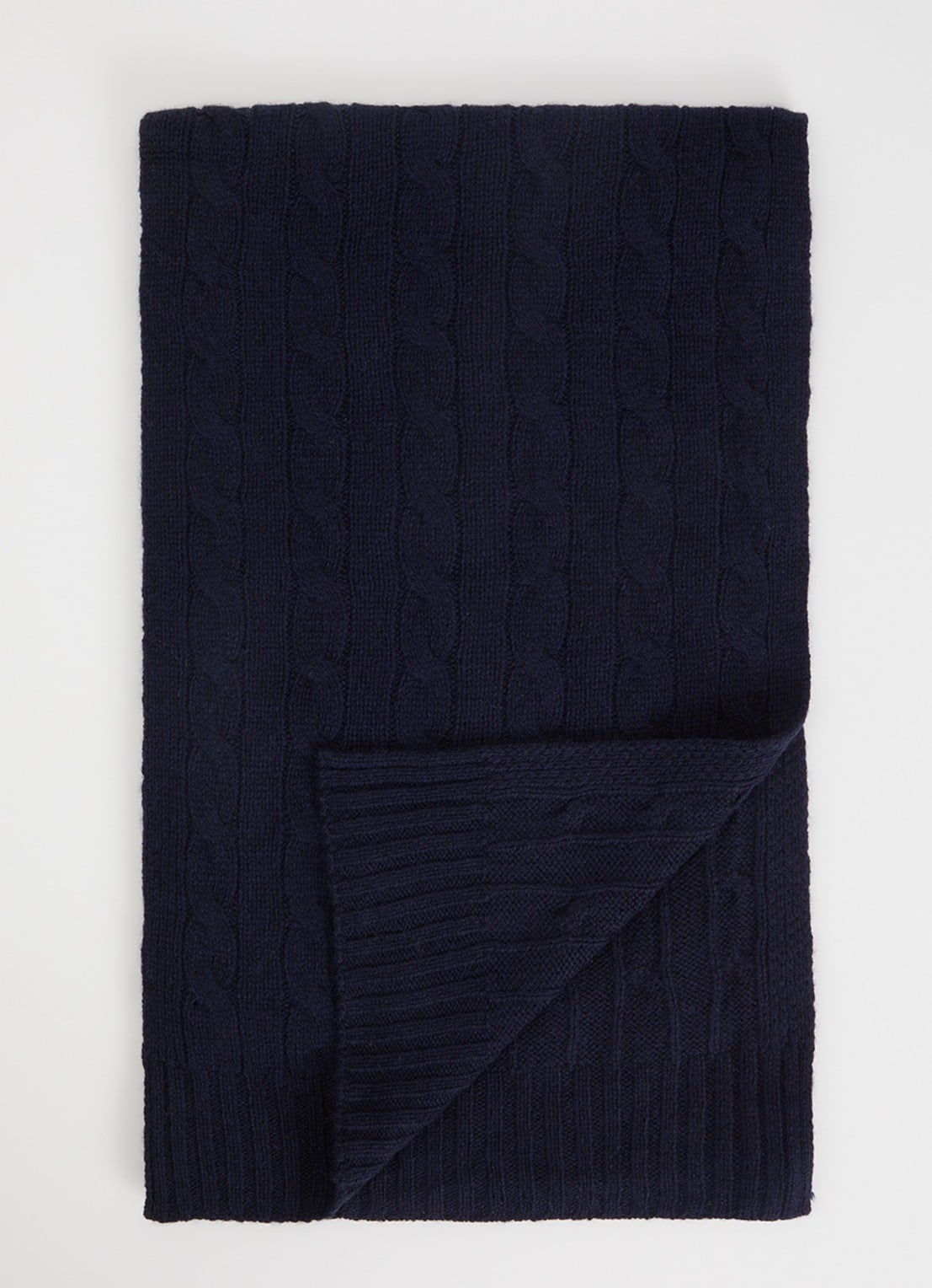 Ralph Lauren Ribgebreide sjaal in kasjmierblend 183 x 27 cm - voorkant donkerblauw