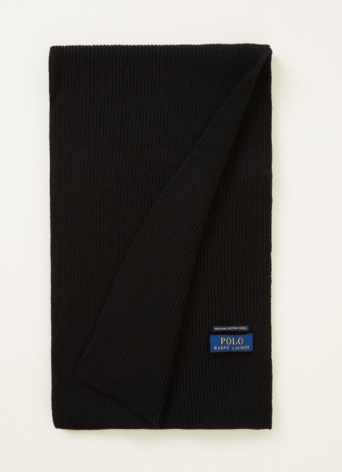 Ralph Lauren Ribgebreide sjaal van wol 180 x 25 cm - voorkant diepzwart